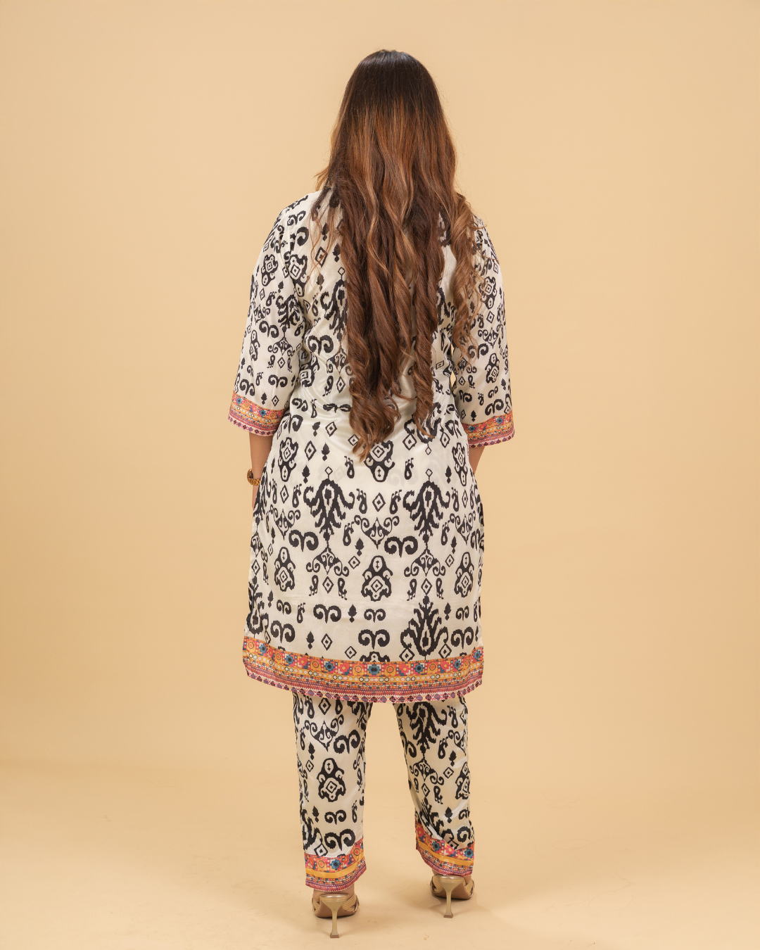 White Ikat Printed Multicolor Detailing Coord Set