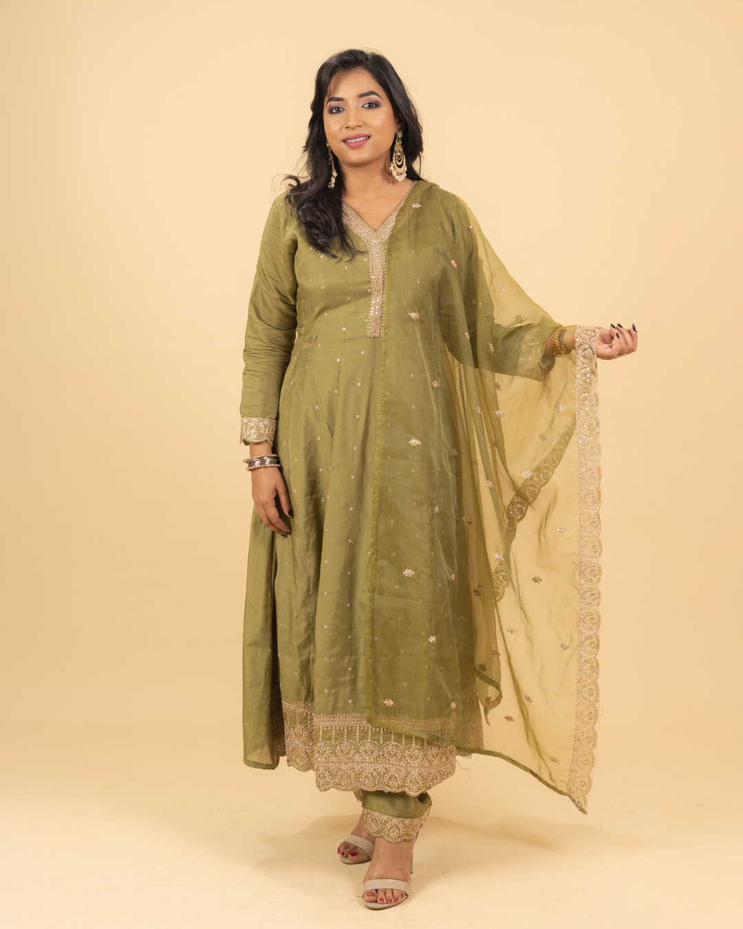 Olive Green Mirror & Thread Work Anarkali Set