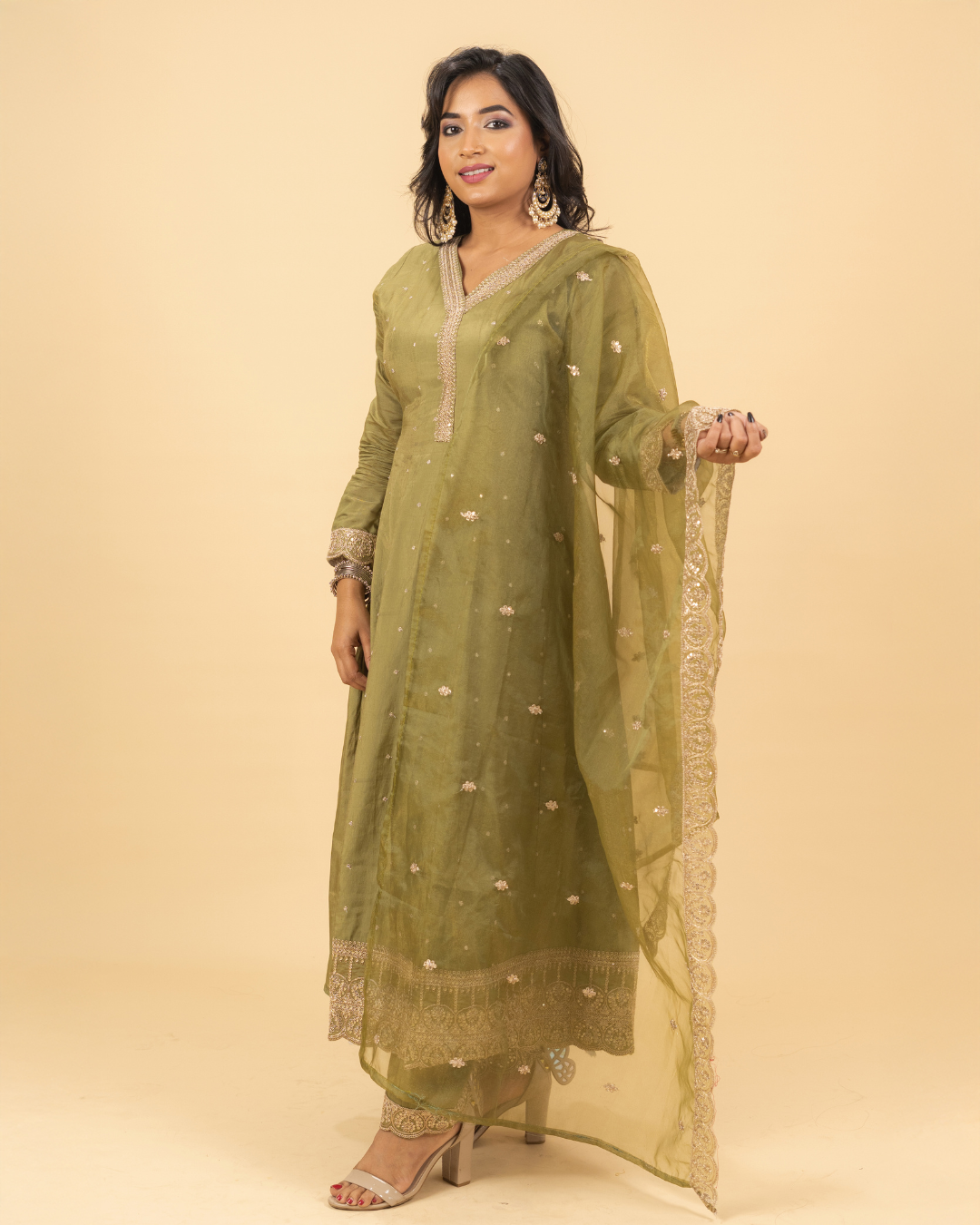 Olive Green Mirror & Thread Work Anarkali Set