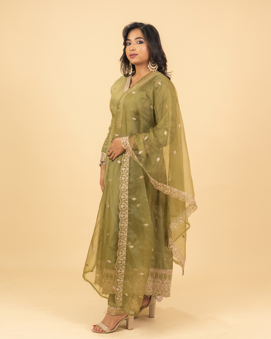 Olive Green Mirror & Thread Work Anarkali Set