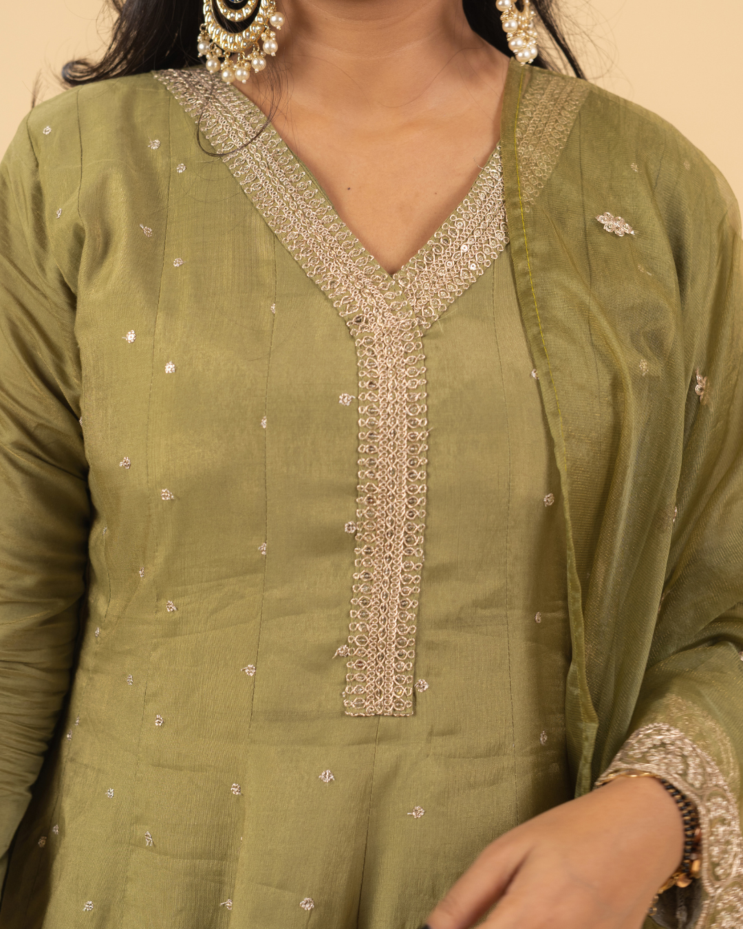 Olive Green Mirror & Thread Work Anarkali Set