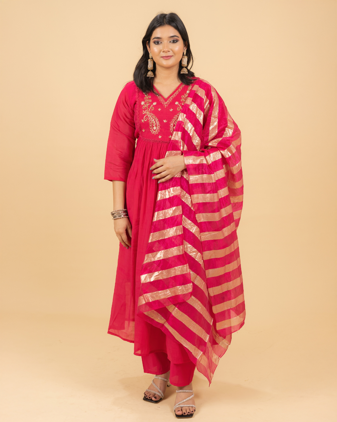 Hot Pink Festive Kurta Set with Striped Golden Dupatta