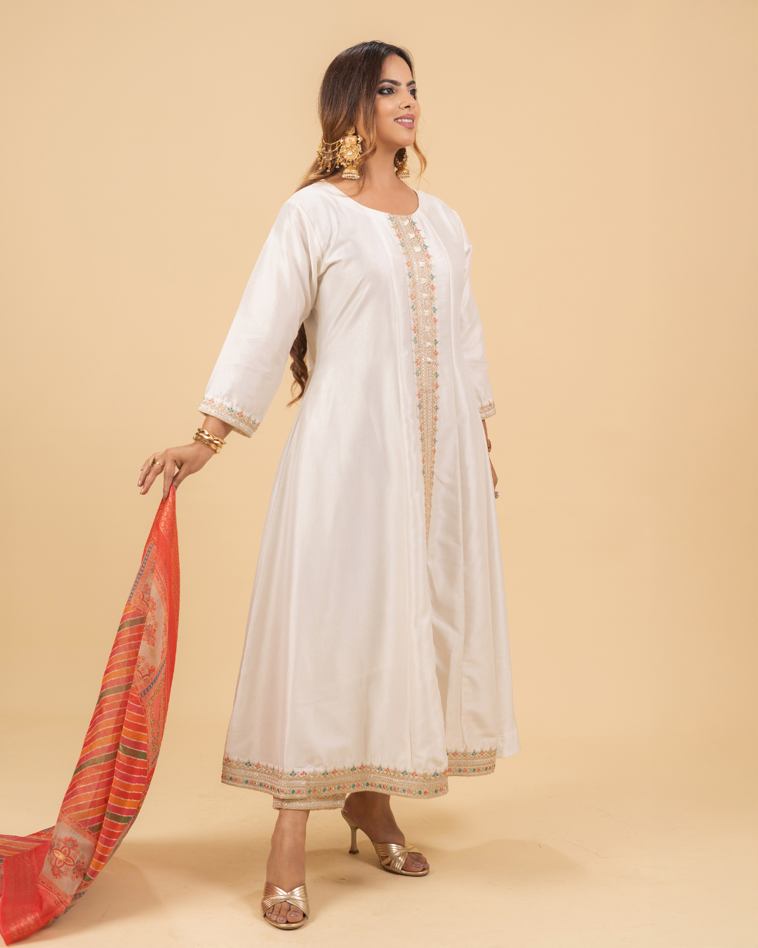 Off-White Anarkali Suit with Red Banarasi Dupatta