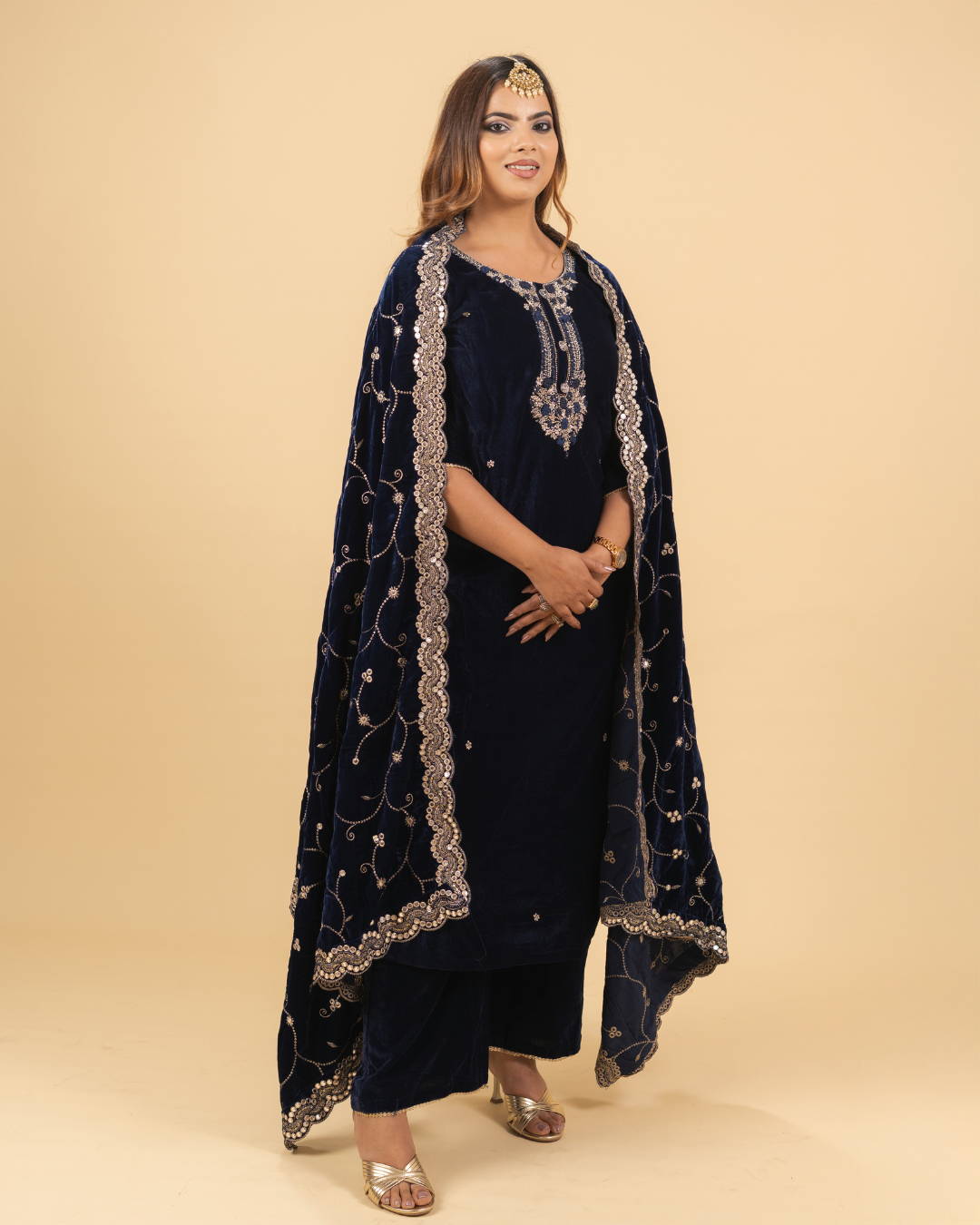 Midnight Blue Heavy Velvet Embroidered Suit Set