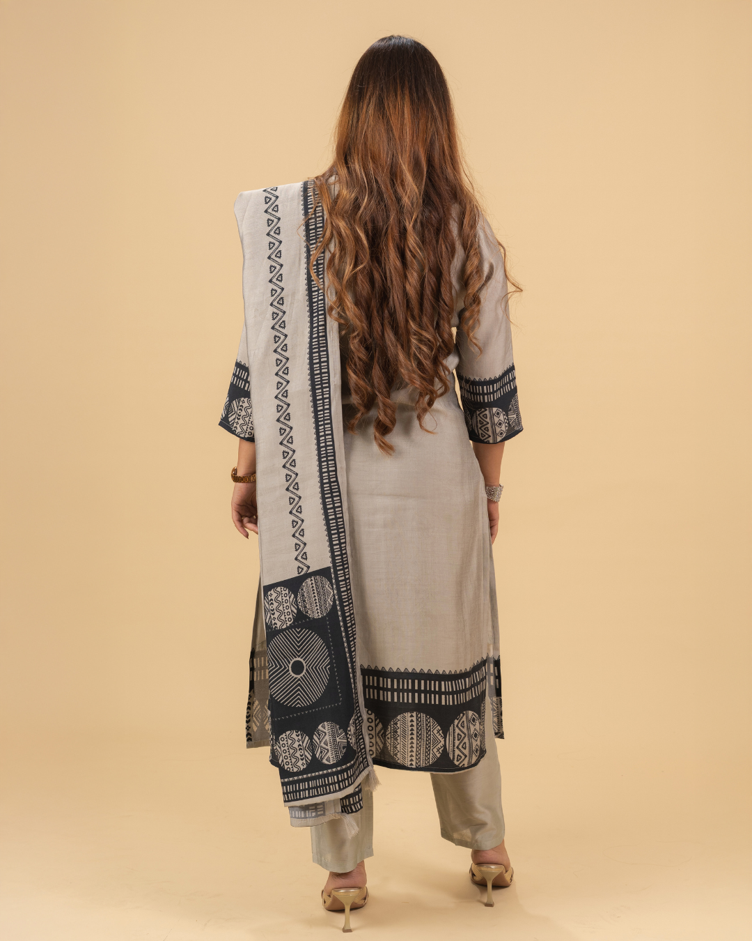 Grey & Black Tribal Printed Kurta Set