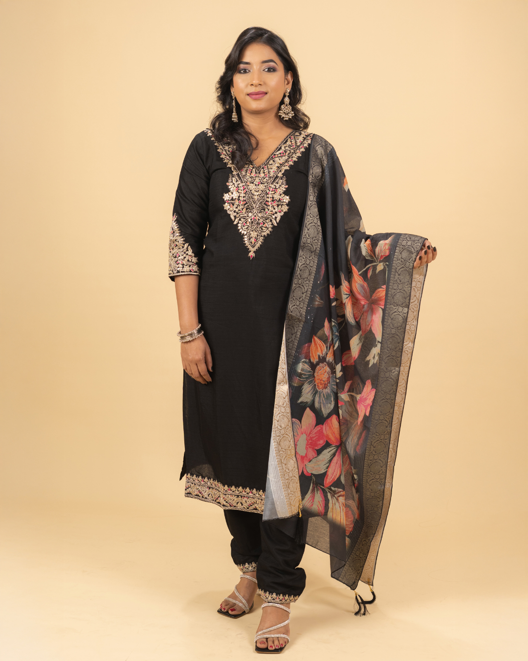 Black Embroidered Kurta Set with Floral Dupatta