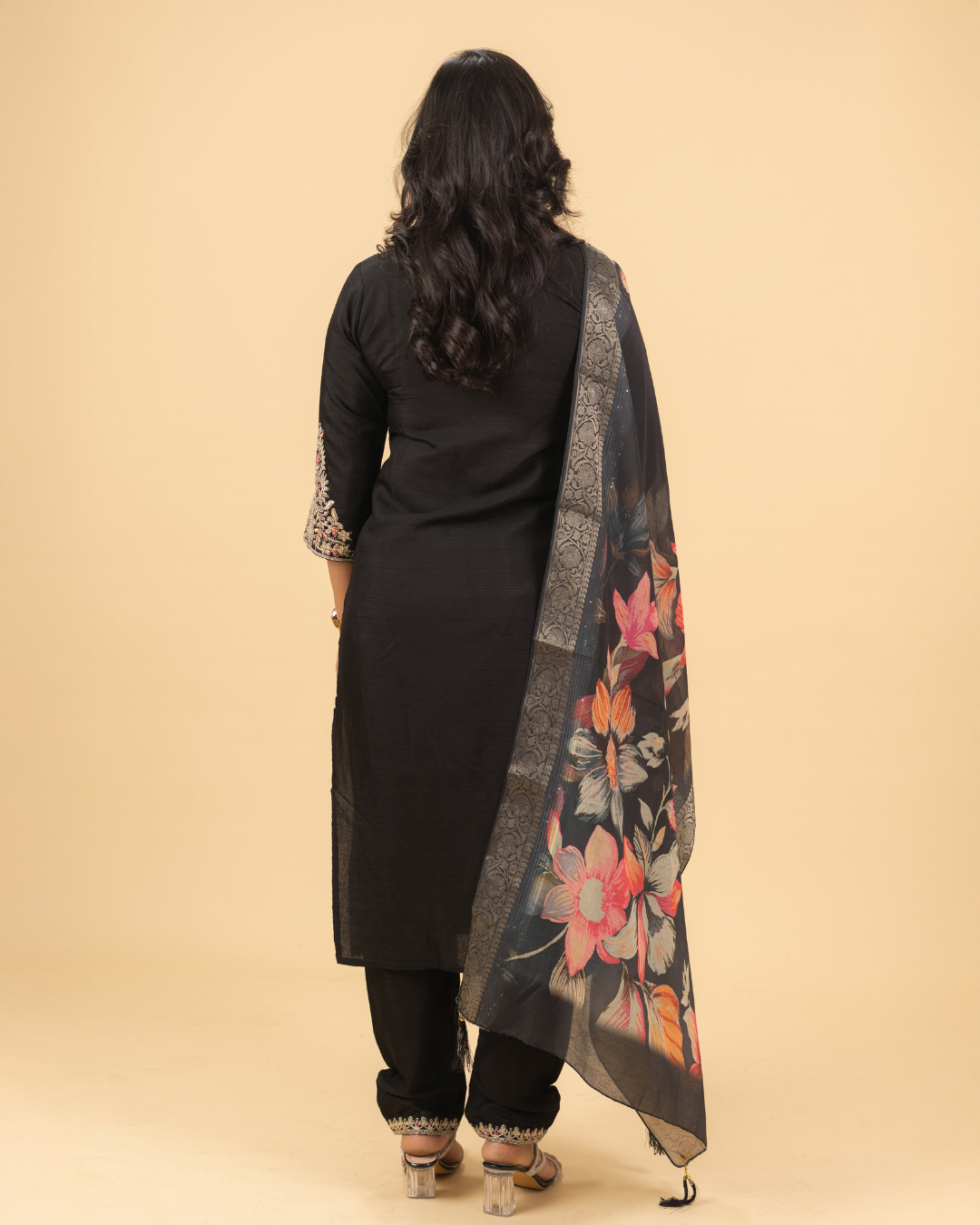 Black Embroidered Kurta Set with Floral Dupatta