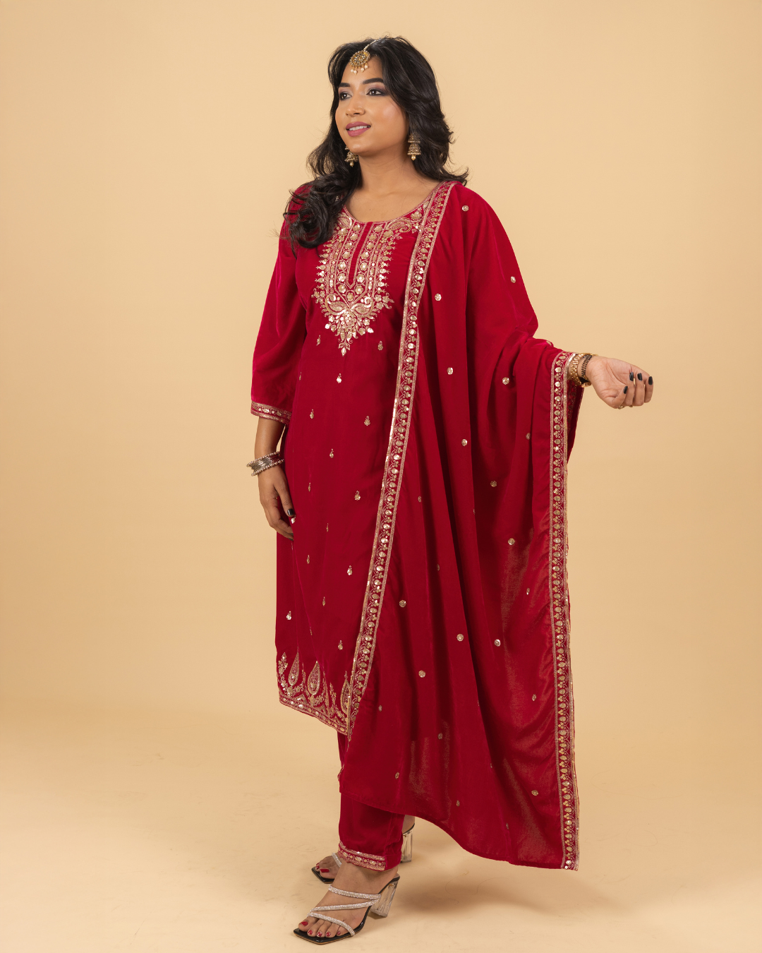 Ruby Red Embroidered Kurta Set with Dupatta