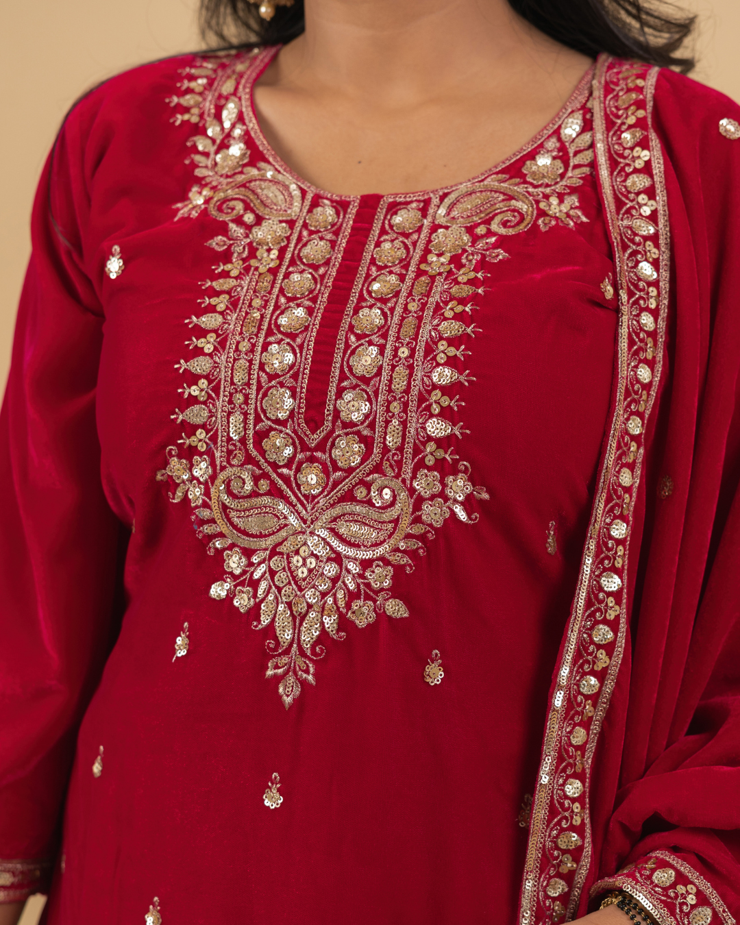 Ruby Red Embroidered Kurta Set with Dupatta