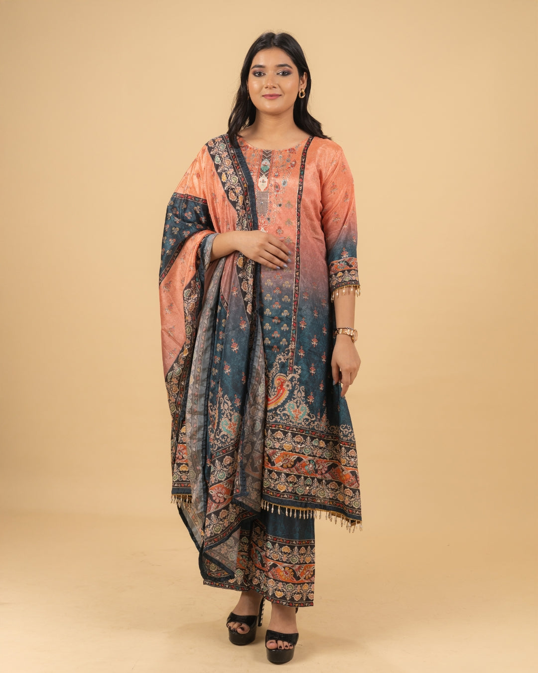 Peach & Navy Digital Print Kurta Set