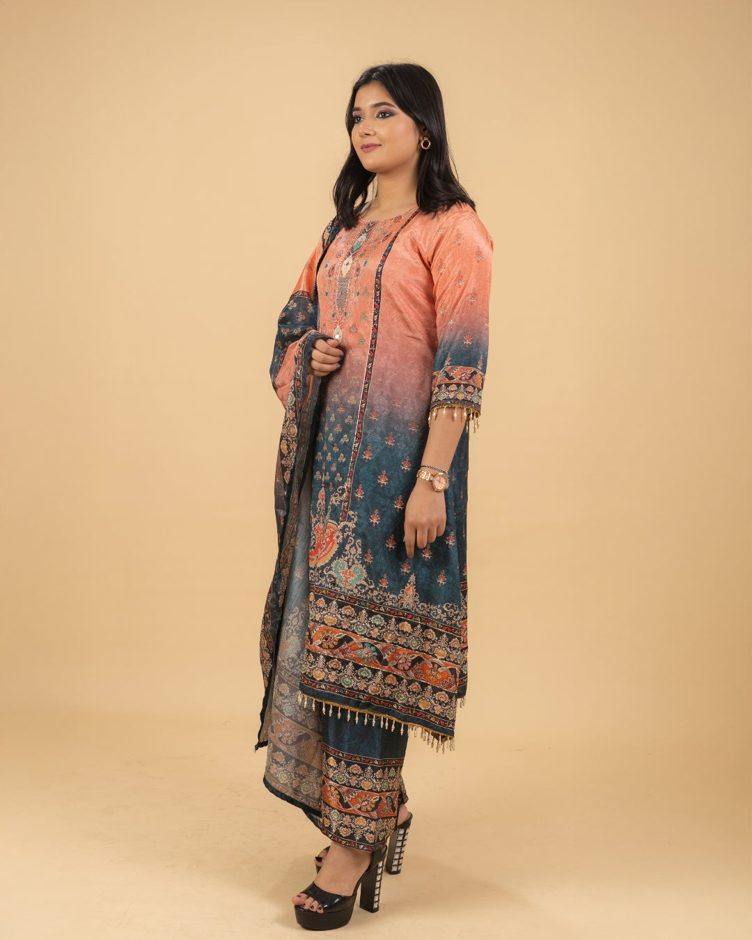 Peach & Navy Digital Print Kurta Set
