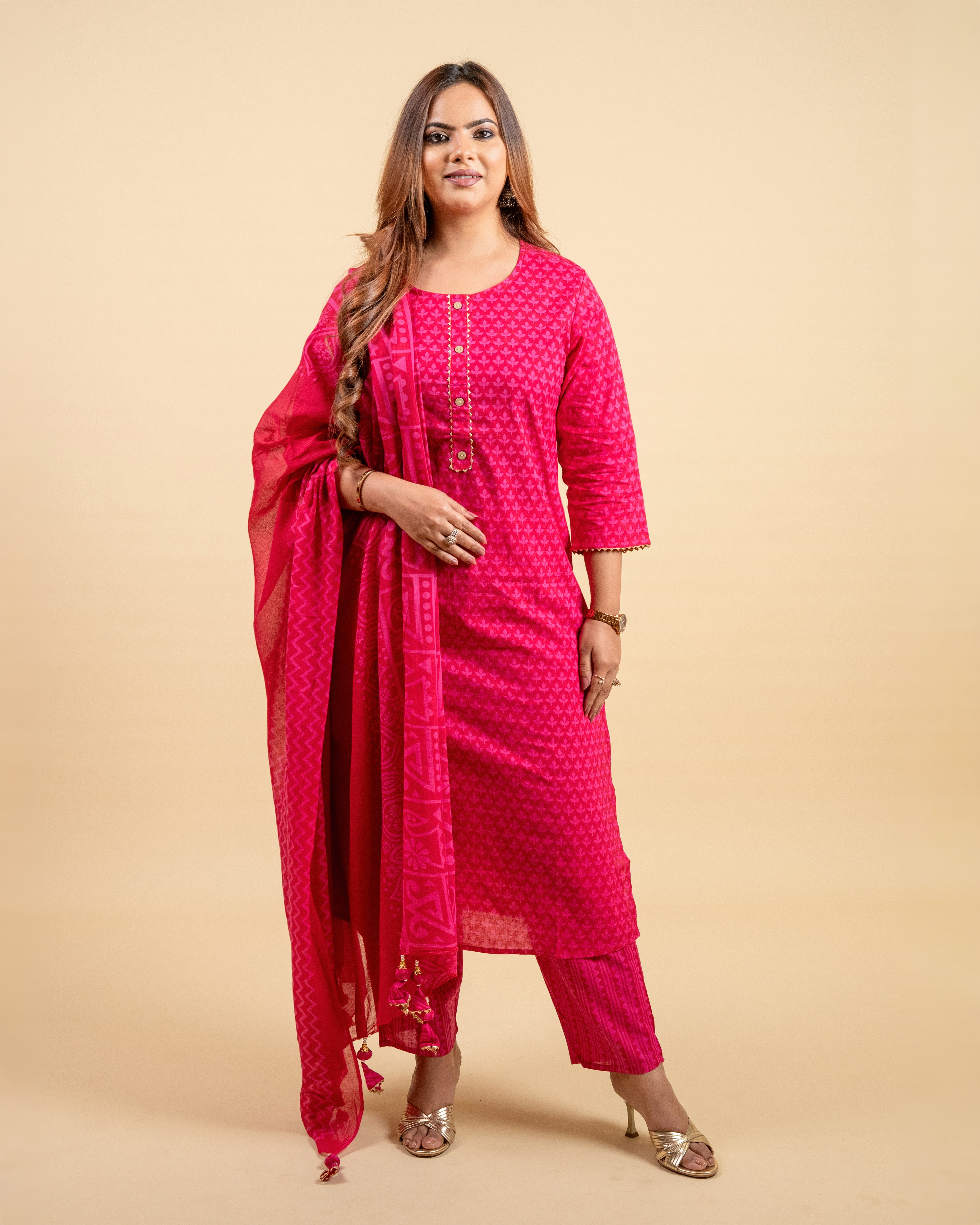 Elegant Pink Printed Cotton Suit Set (Kurta, Pant & Dupatta)