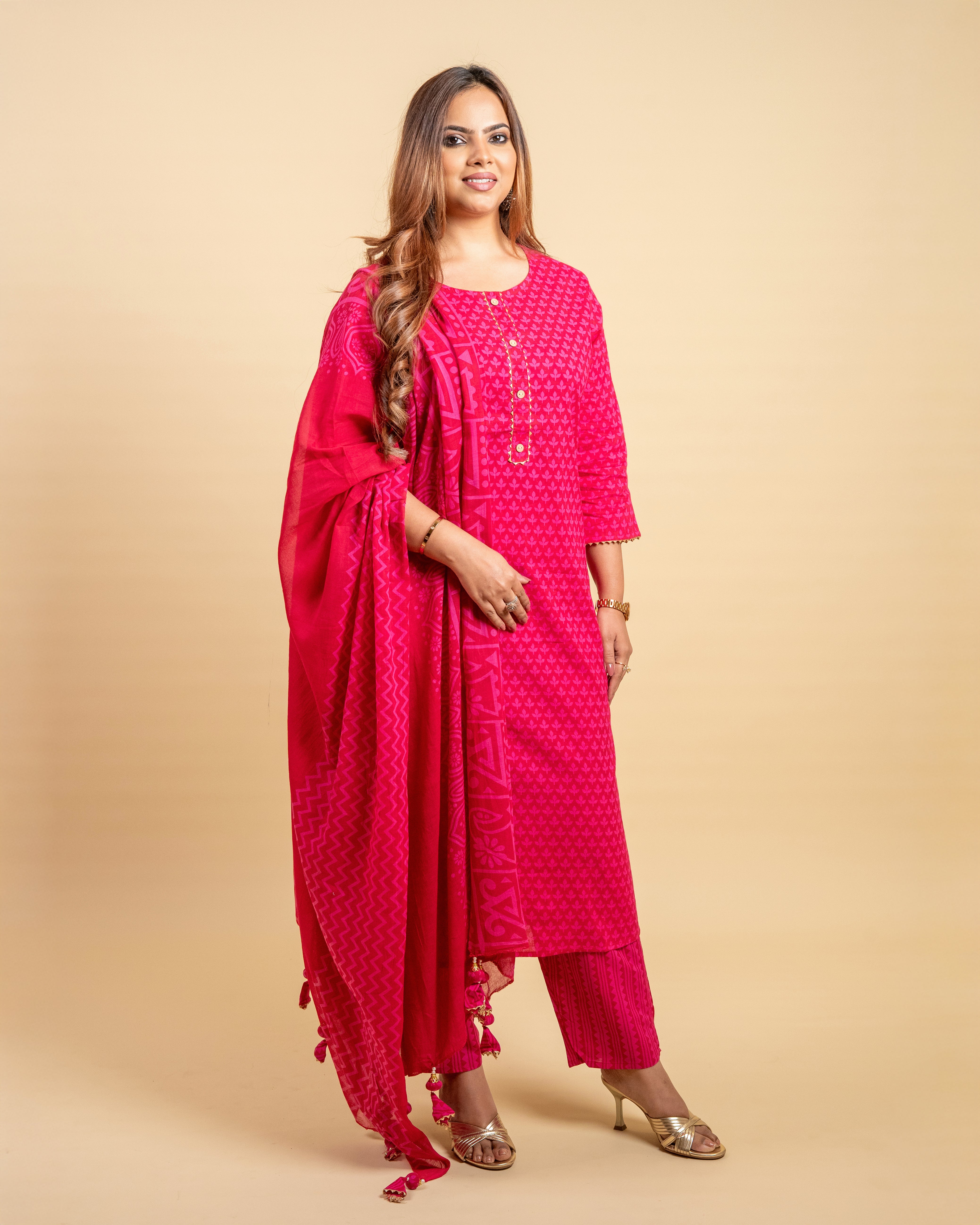 Elegant Pink Printed Cotton Suit Set (Kurta, Pant & Dupatta)