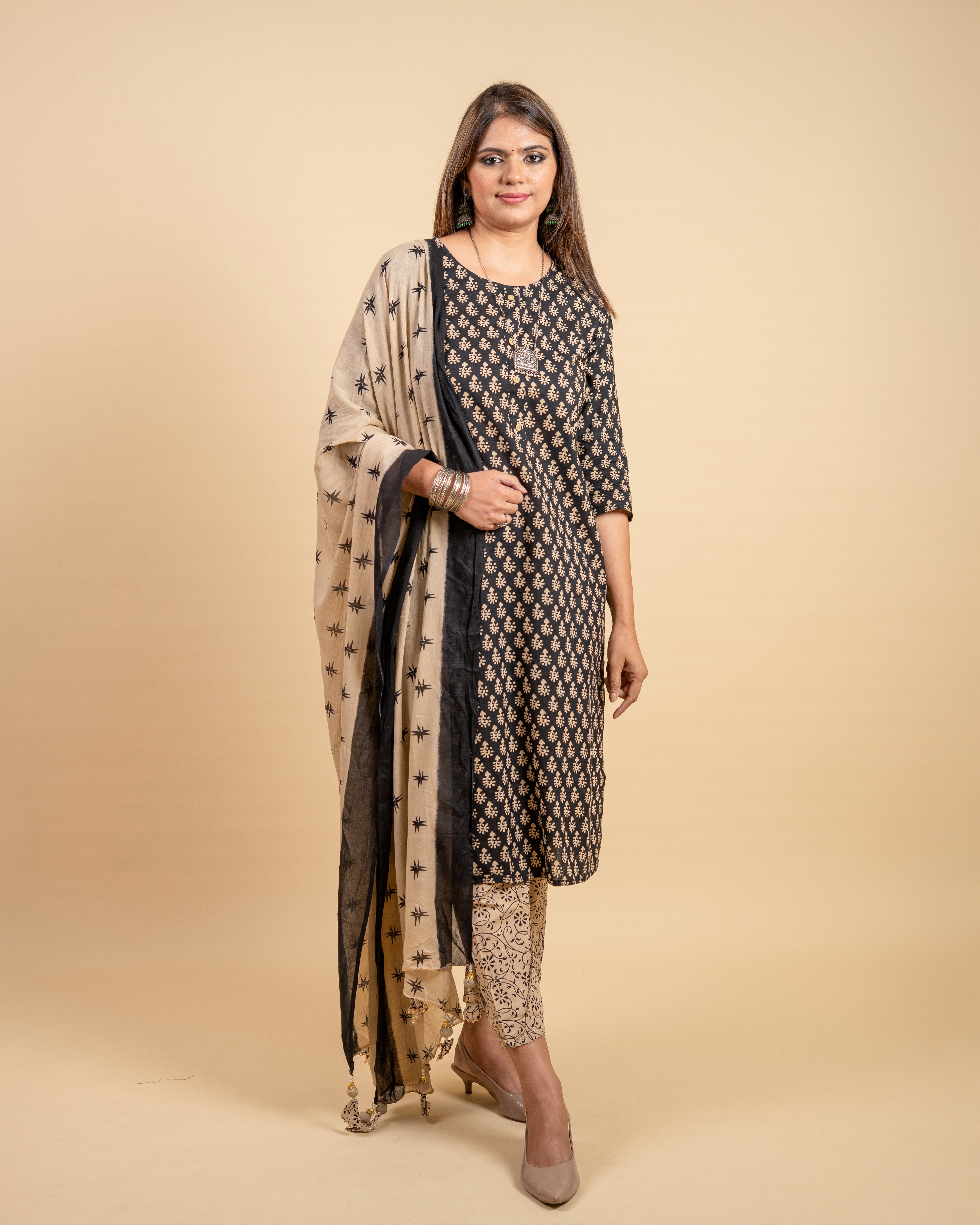 Classic Black & Beige Printed Cotton Suit Set (Kurta, Pant & Dupatta)
