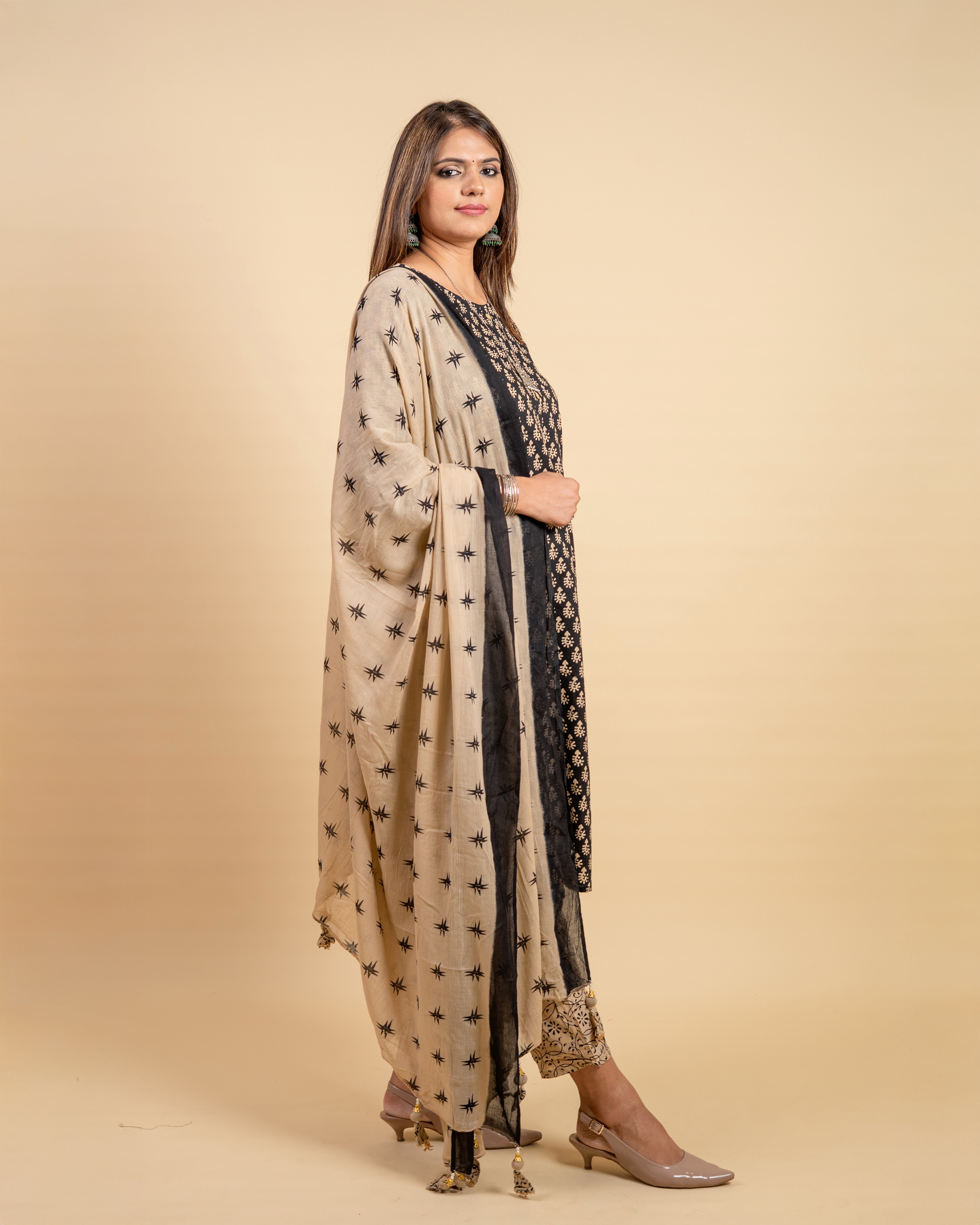 Classic Black & Beige Printed Cotton Suit Set (Kurta, Pant & Dupatta)