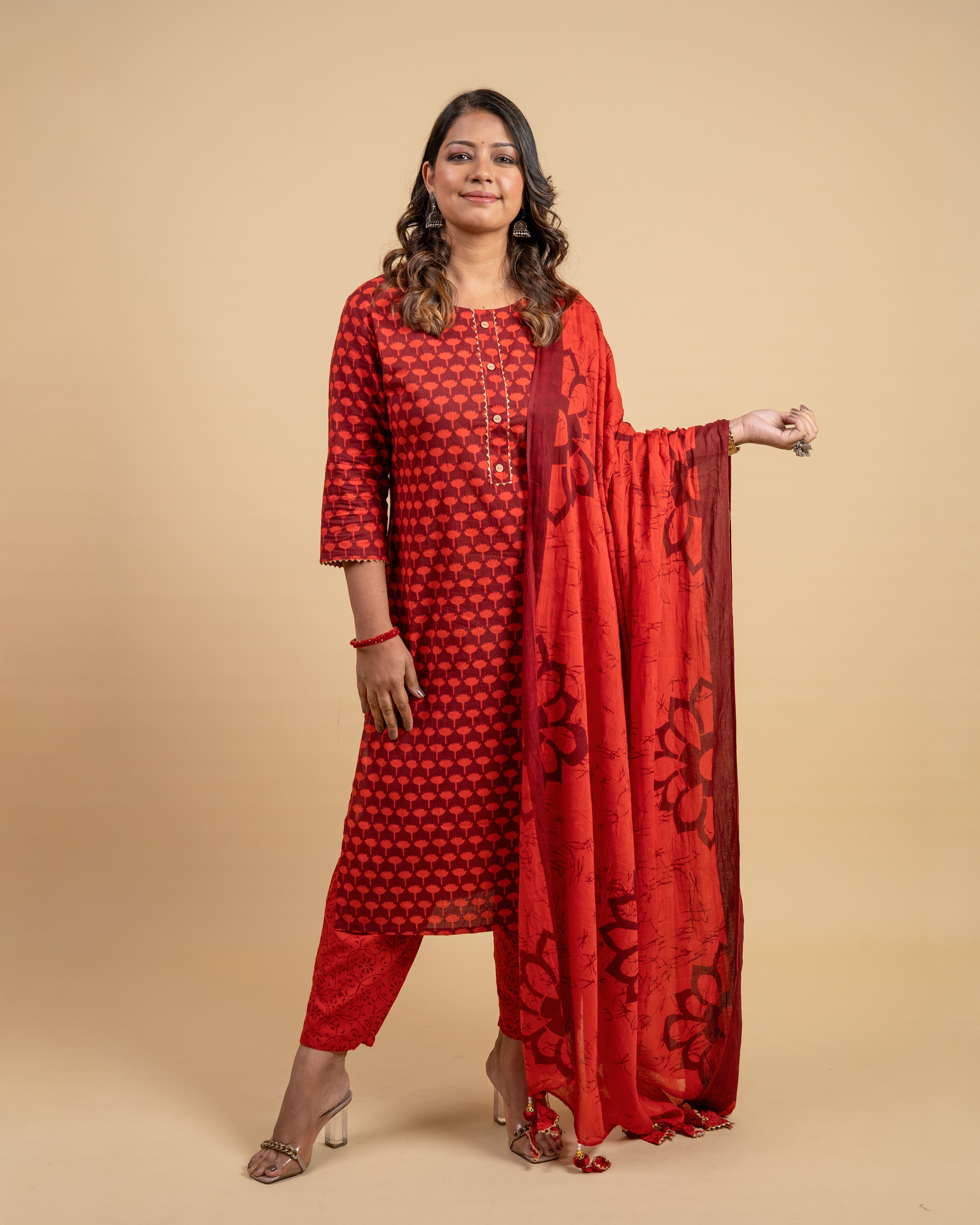 Radiant Scarlet Charm Cotton Suit Set (Kurta, Pant & Dupatta)