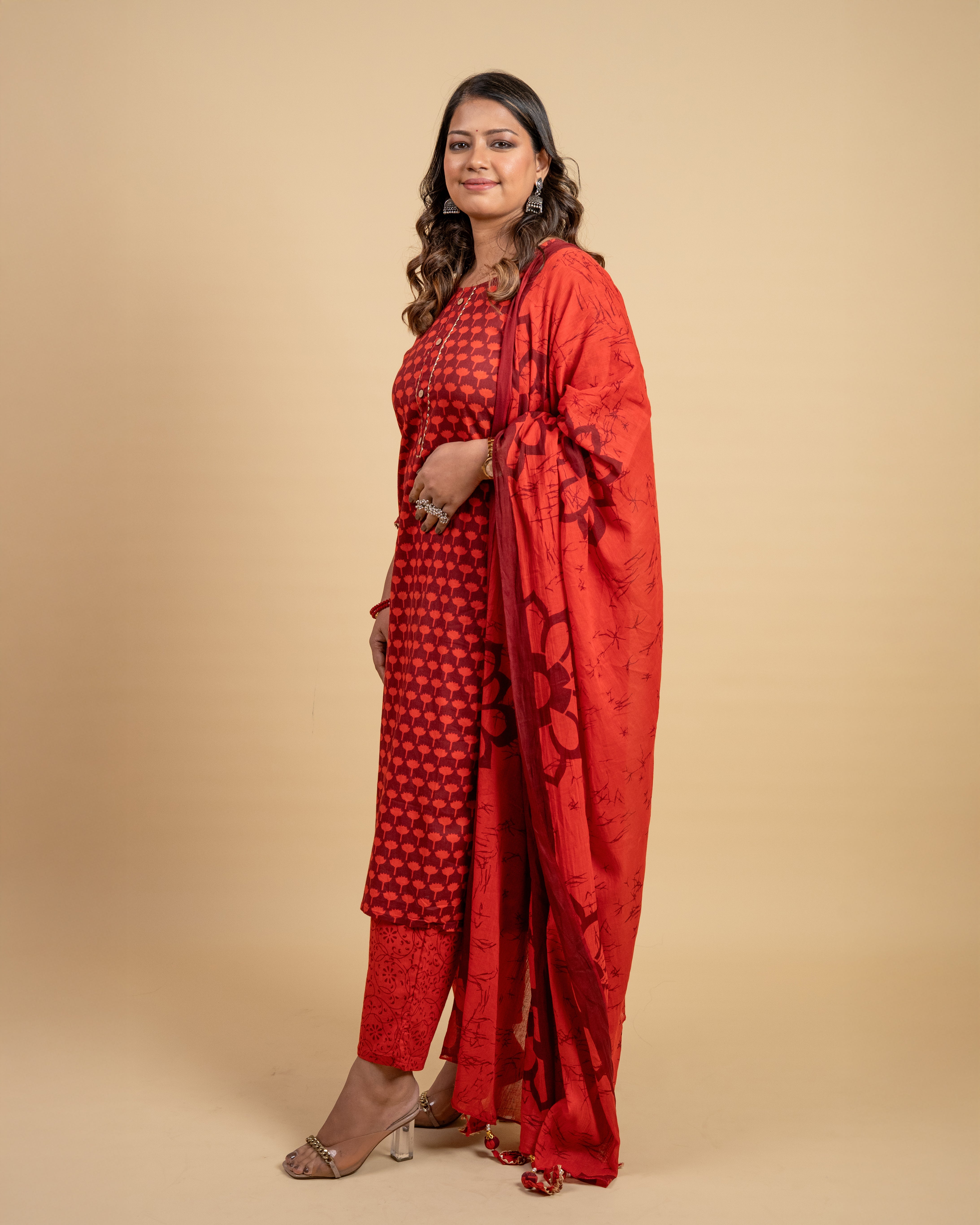 Radiant Scarlet Charm Cotton Suit Set (Kurta, Pant & Dupatta)