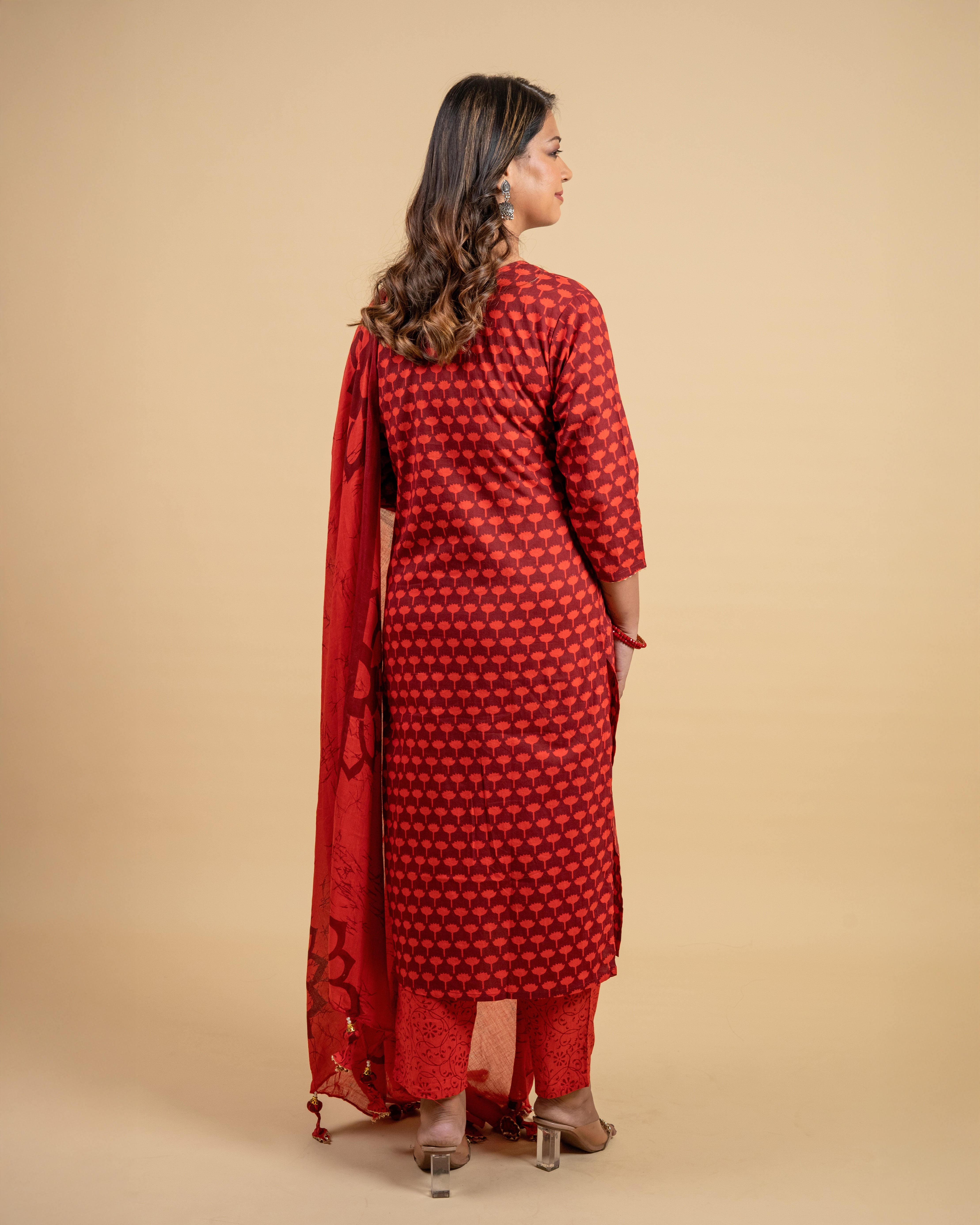 Radiant Scarlet Charm Cotton Suit Set (Kurta, Pant & Dupatta)