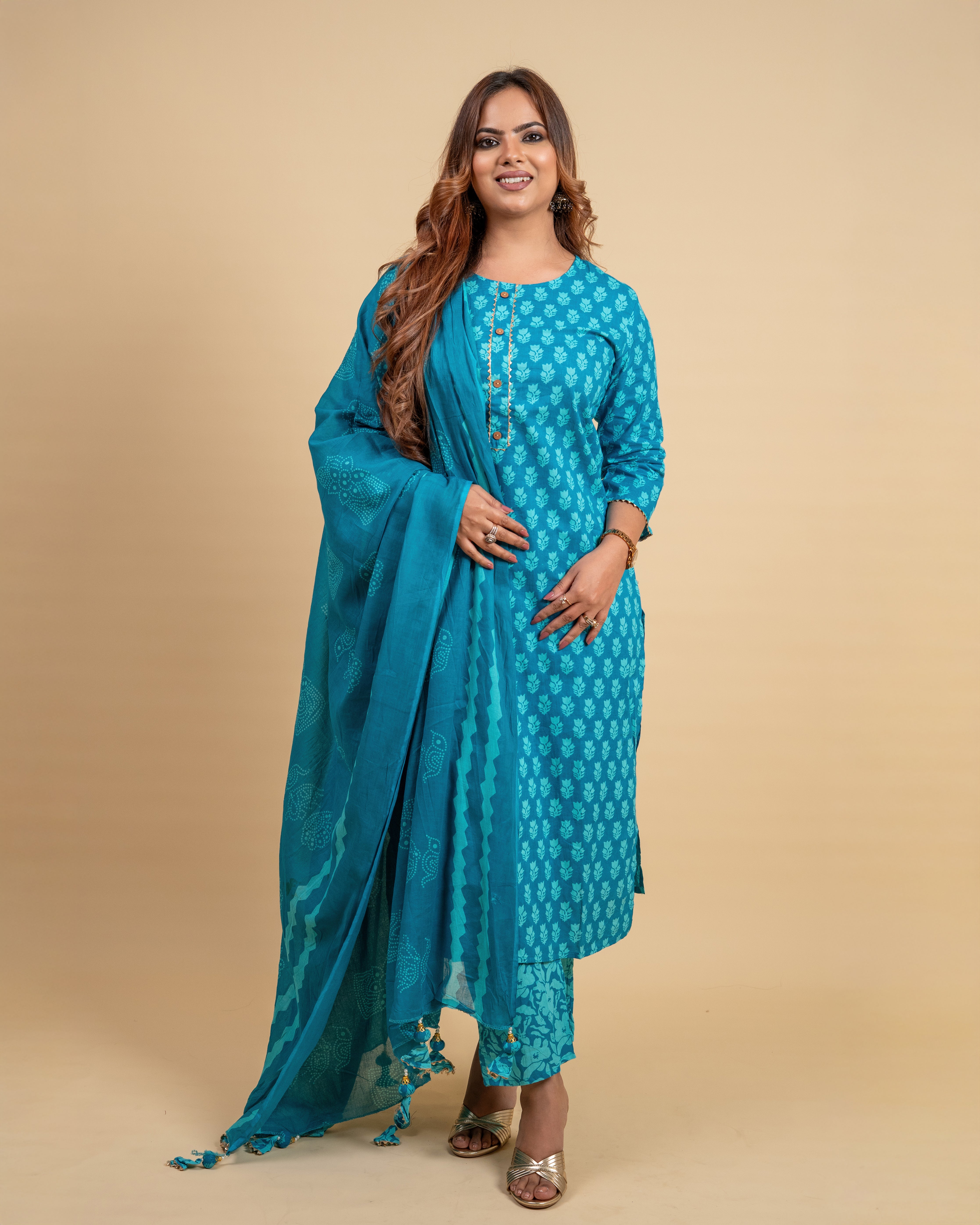 Ocean Breeze Cotton Suit Set (Kurta, Pant & Dupatta)
