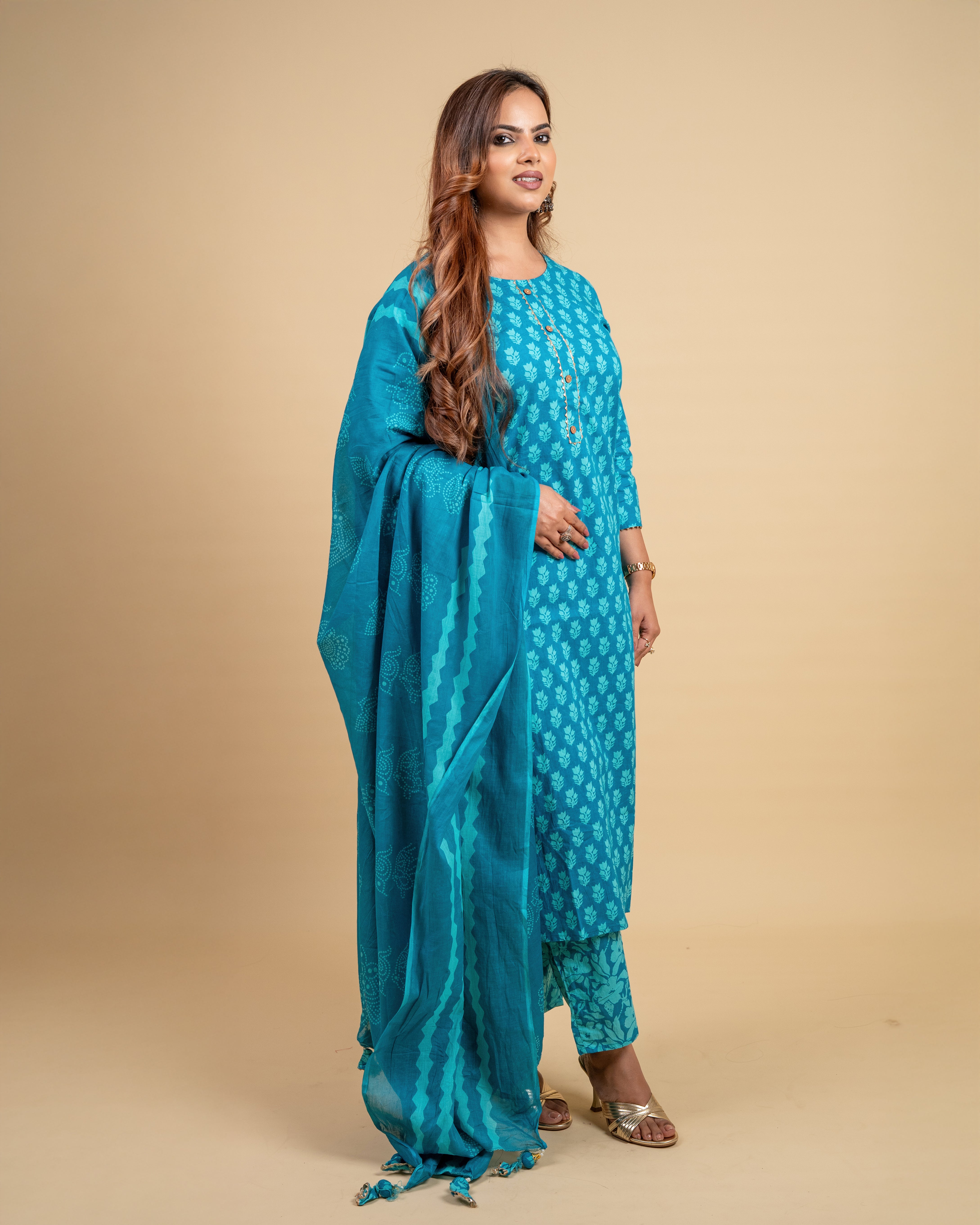 Ocean Breeze Cotton Suit Set (Kurta, Pant & Dupatta)