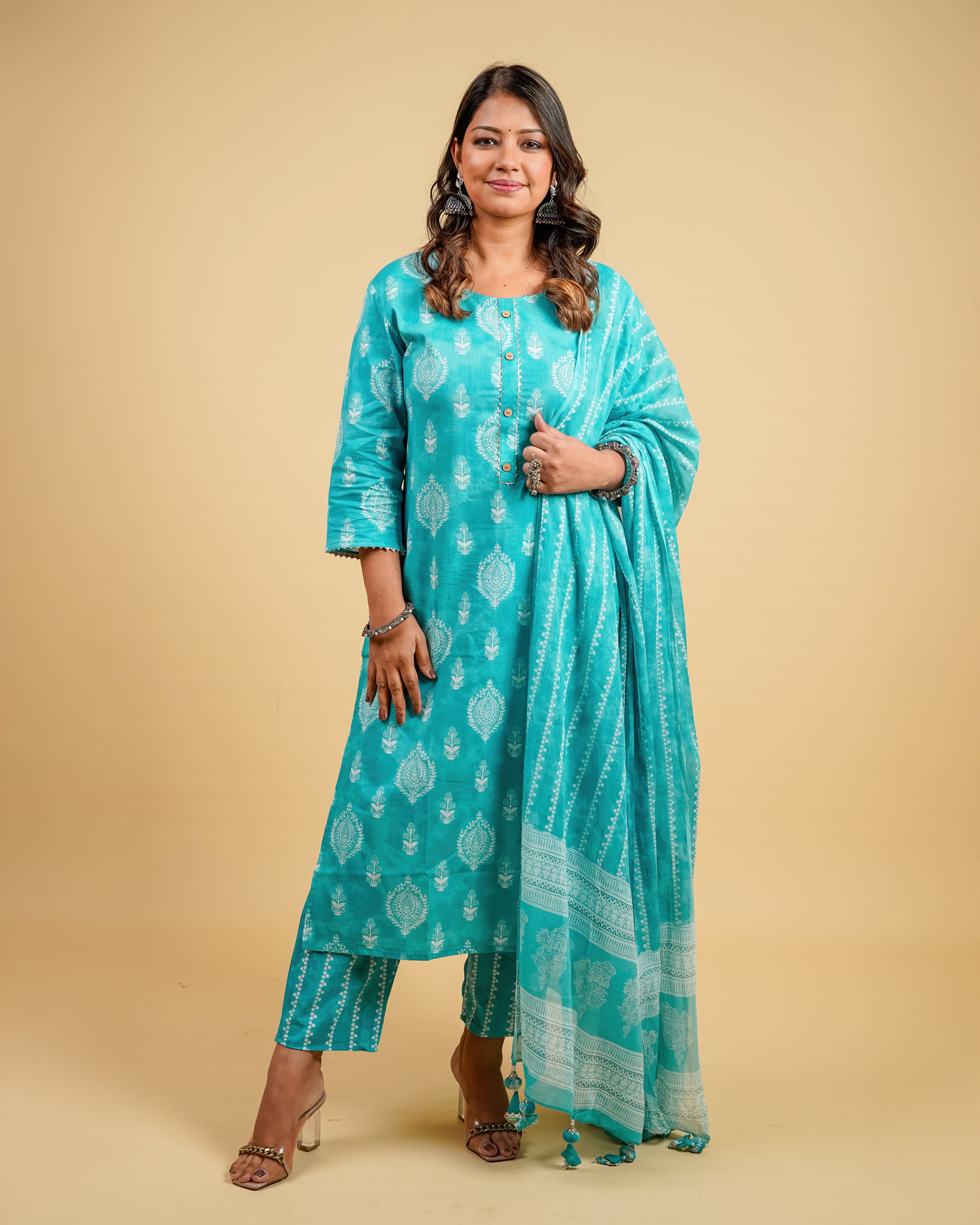 Aqua Grace Cotton Suit Set (Kurta, Pant & Dupatta)