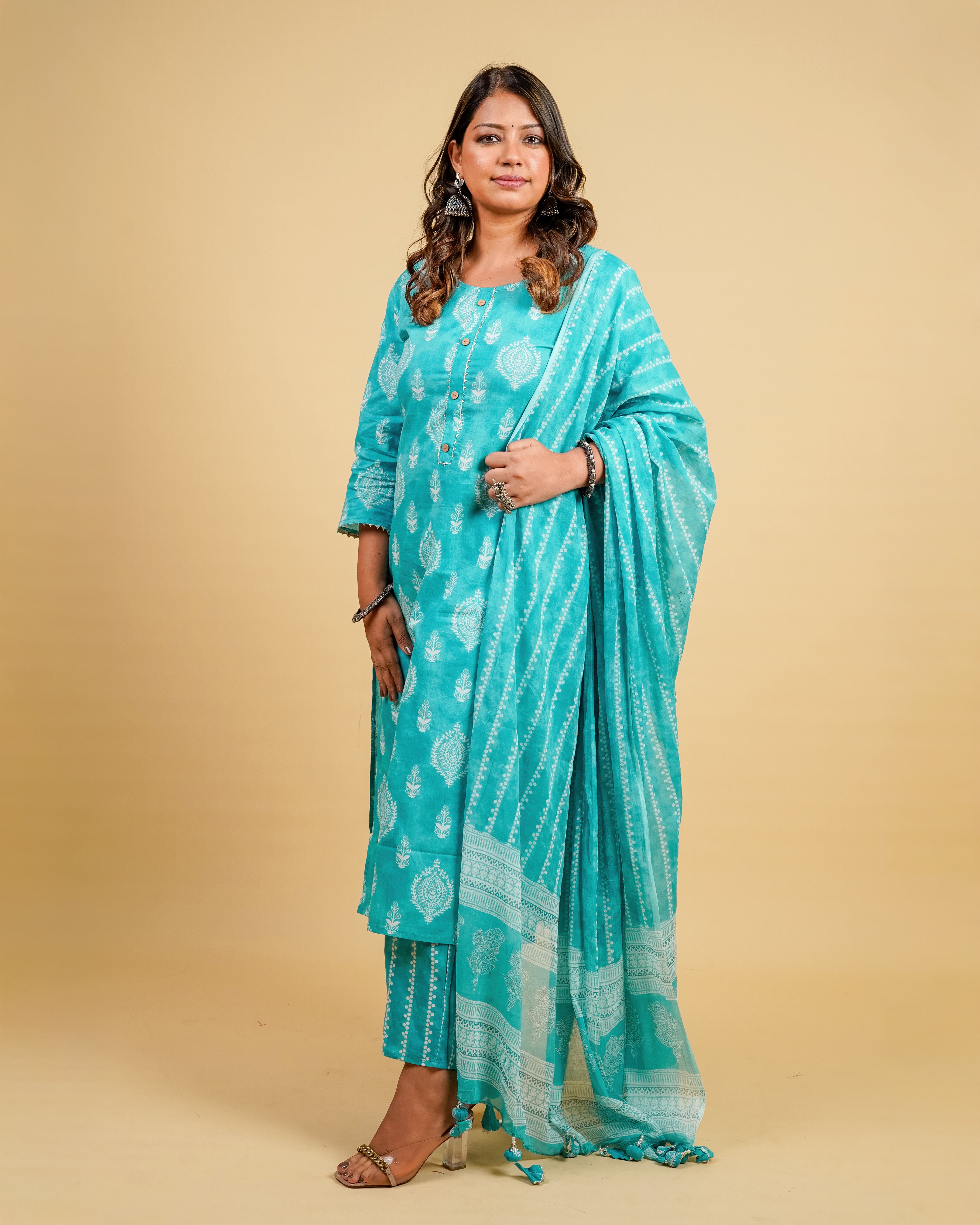 Aqua Grace Cotton Suit Set (Kurta, Pant & Dupatta)