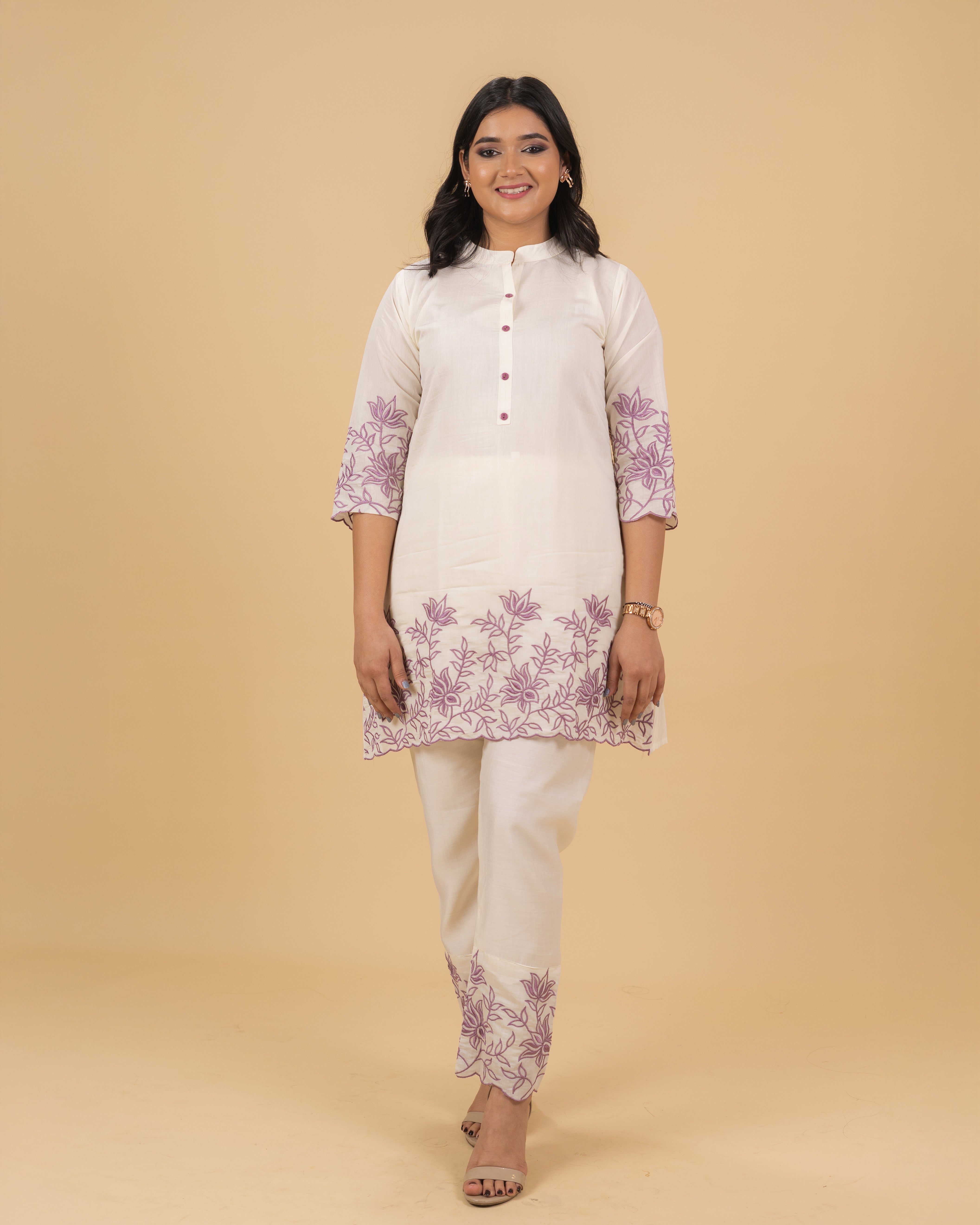 White & Lavender Thread Embroidered Coord Set