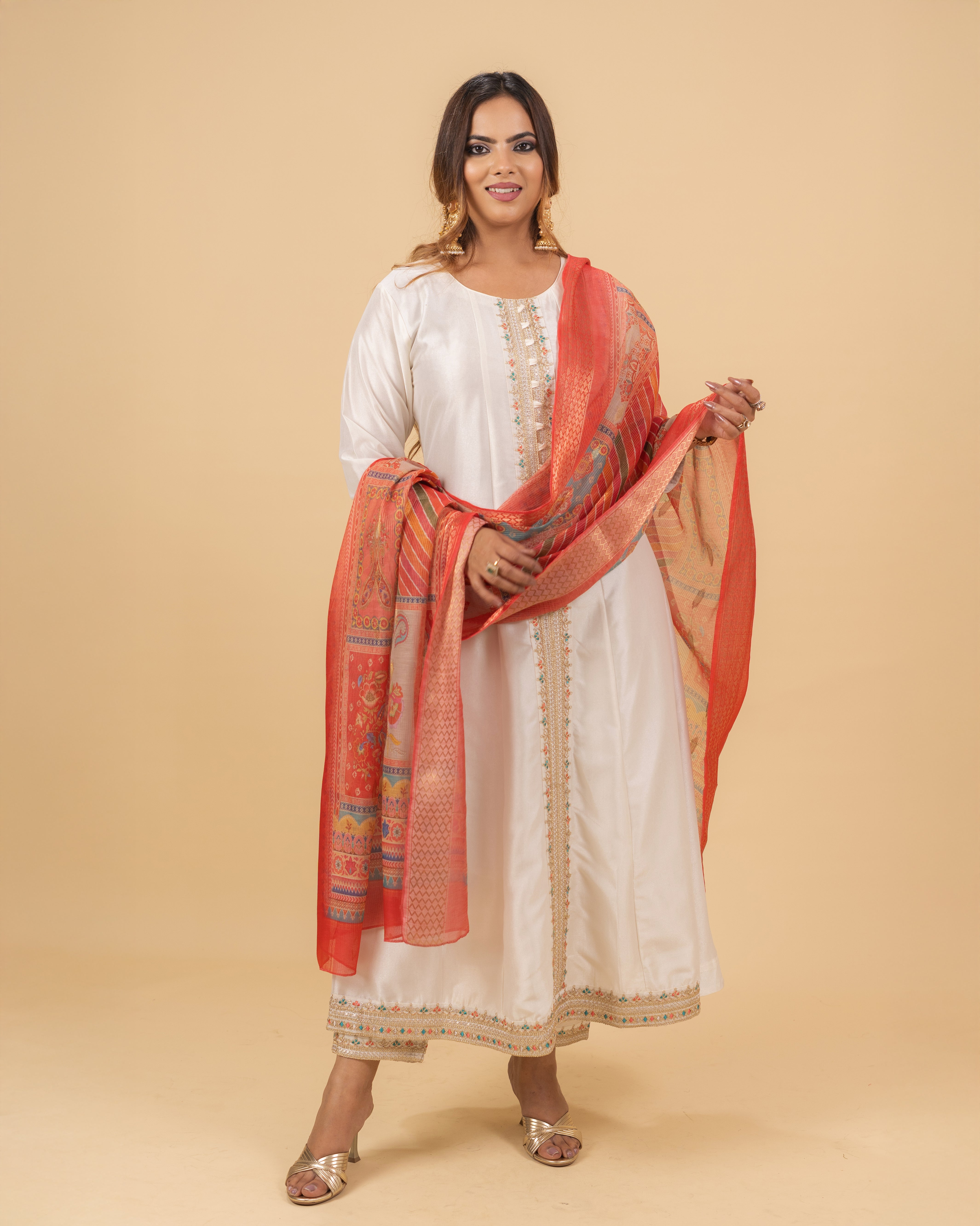 Off-White Anarkali Suit with Red Banarasi Dupatta