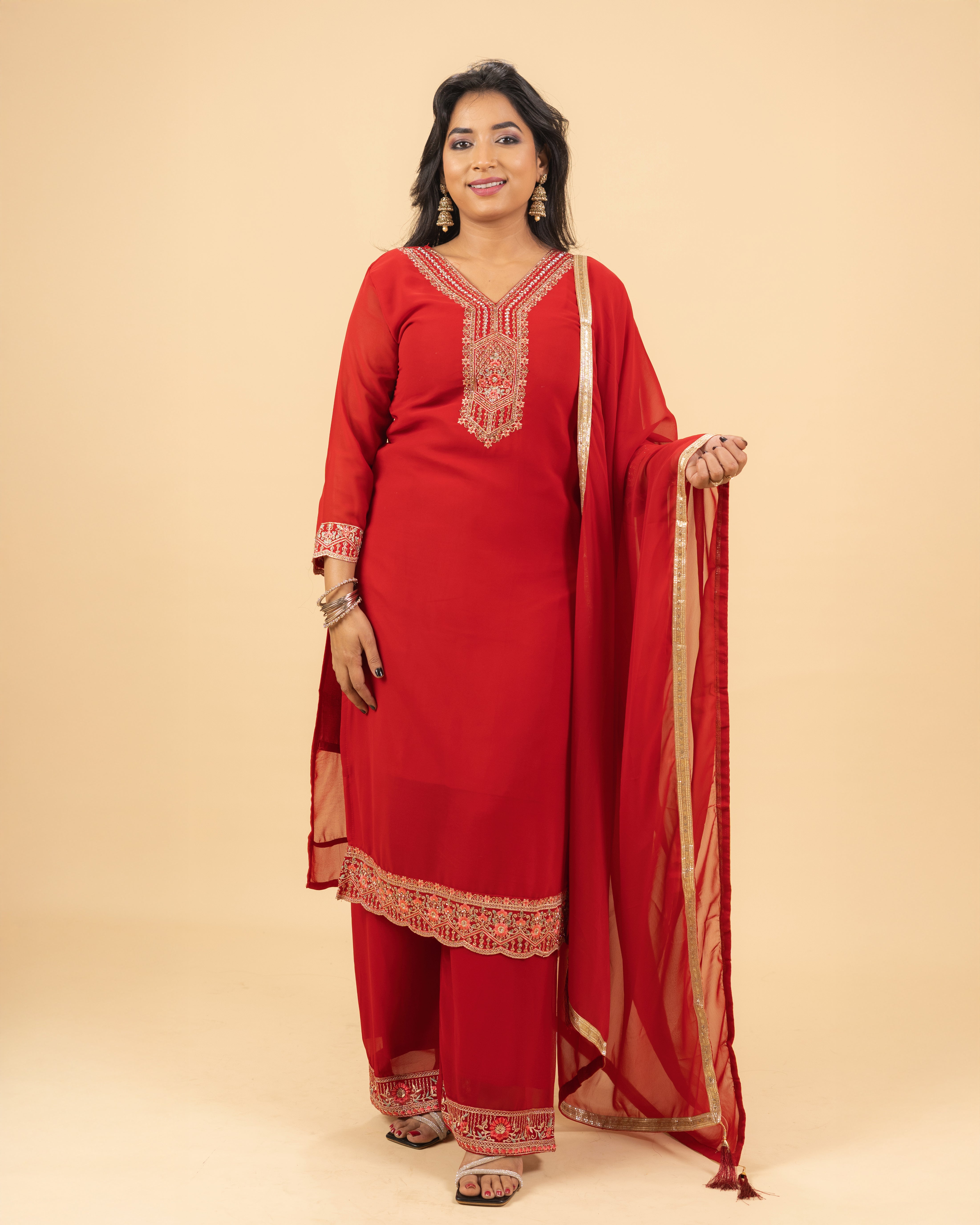 Ruby Red Embroidered Kurta Set with Dupatta