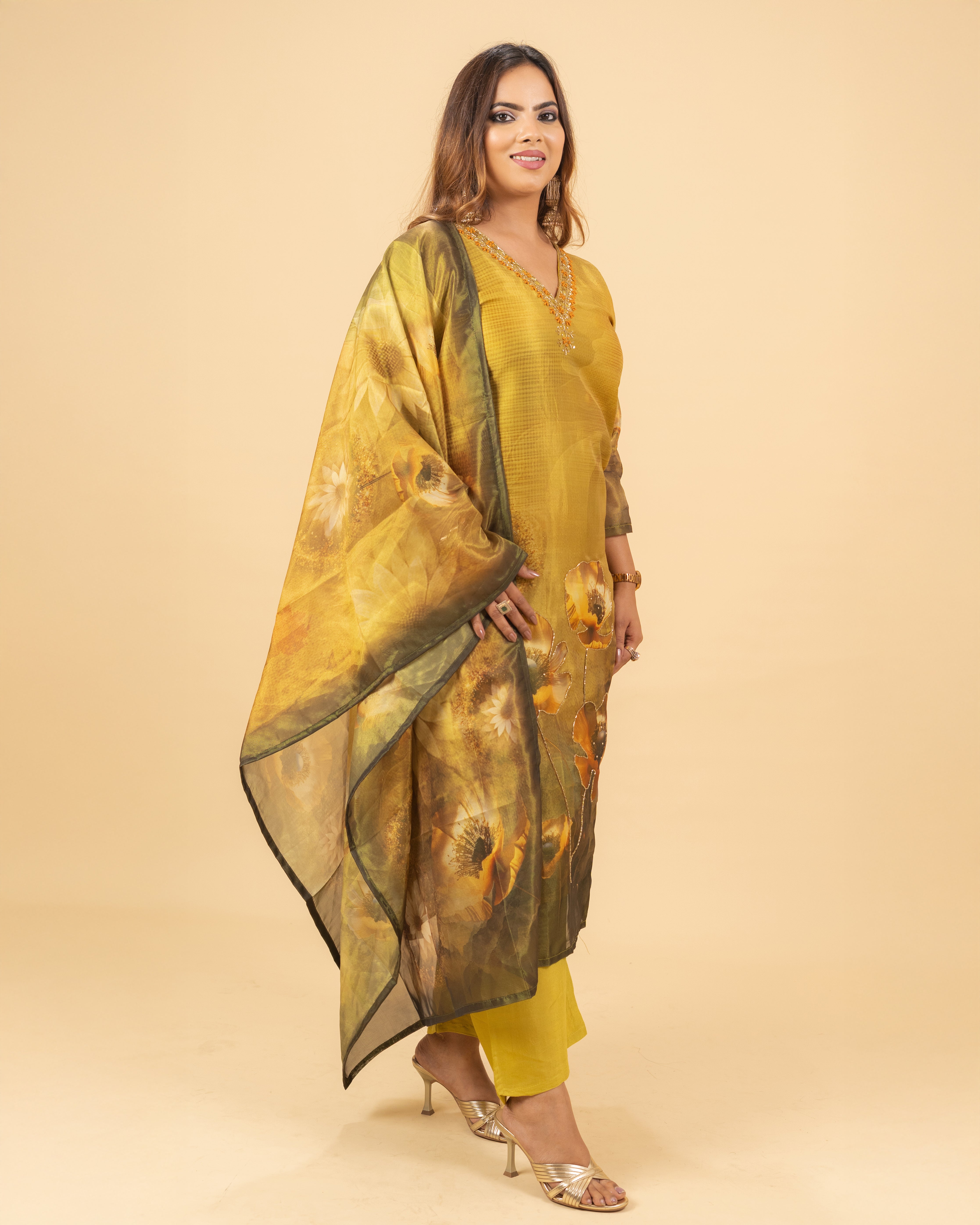 Mustard Floral Art Silk Kurta Set