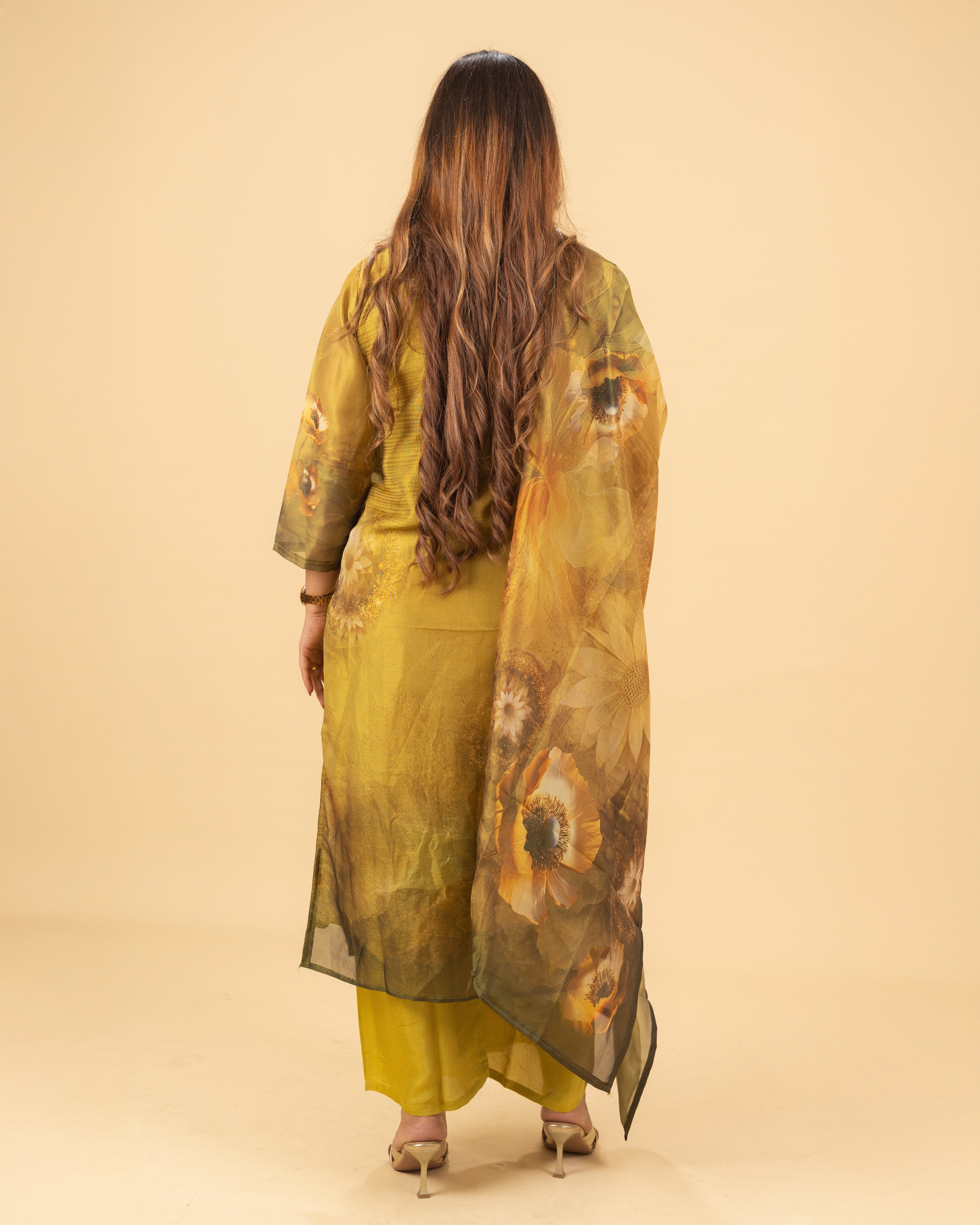 Mustard Floral Art Silk Kurta Set
