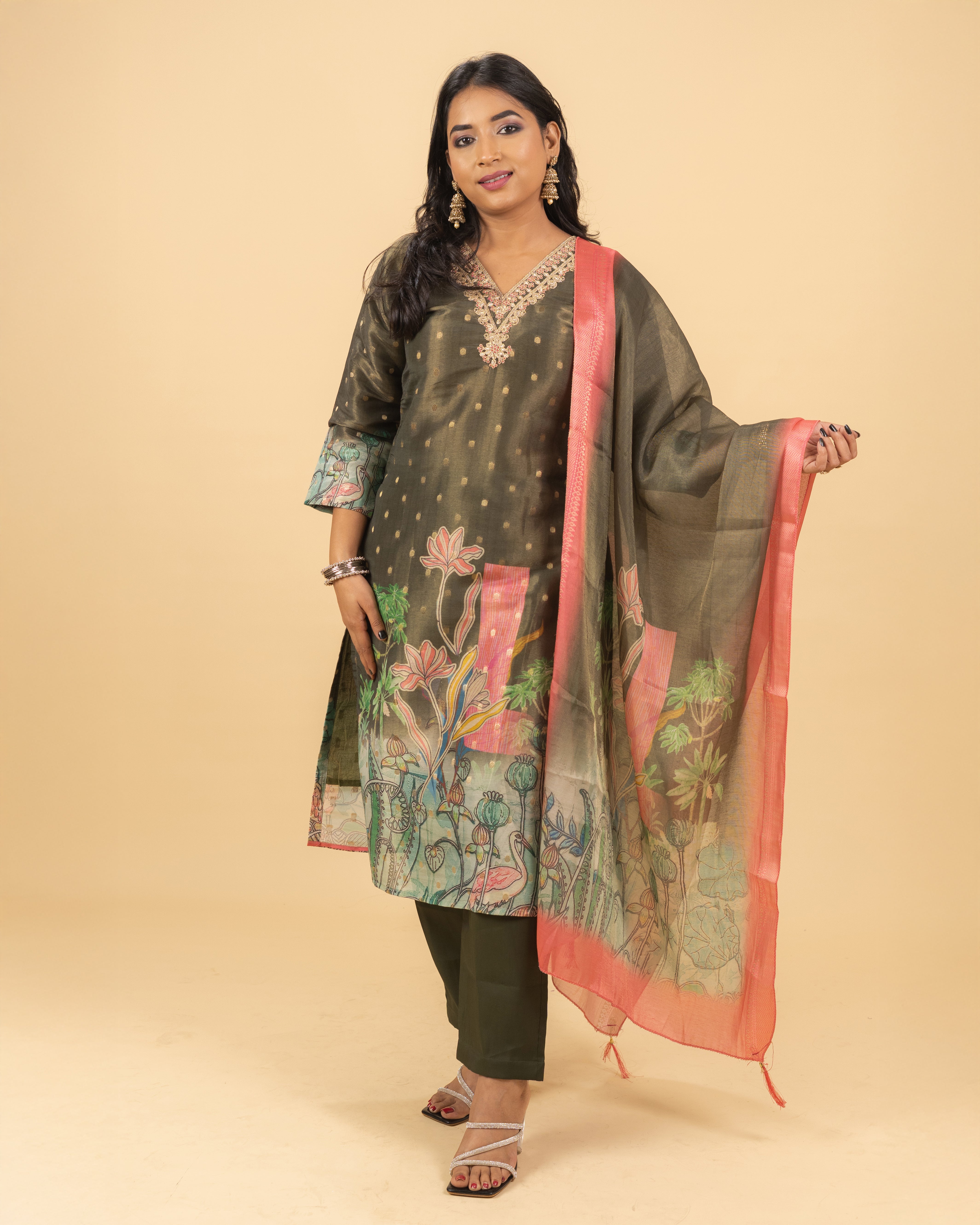 Olive Green Botanical Printed Kurta Set