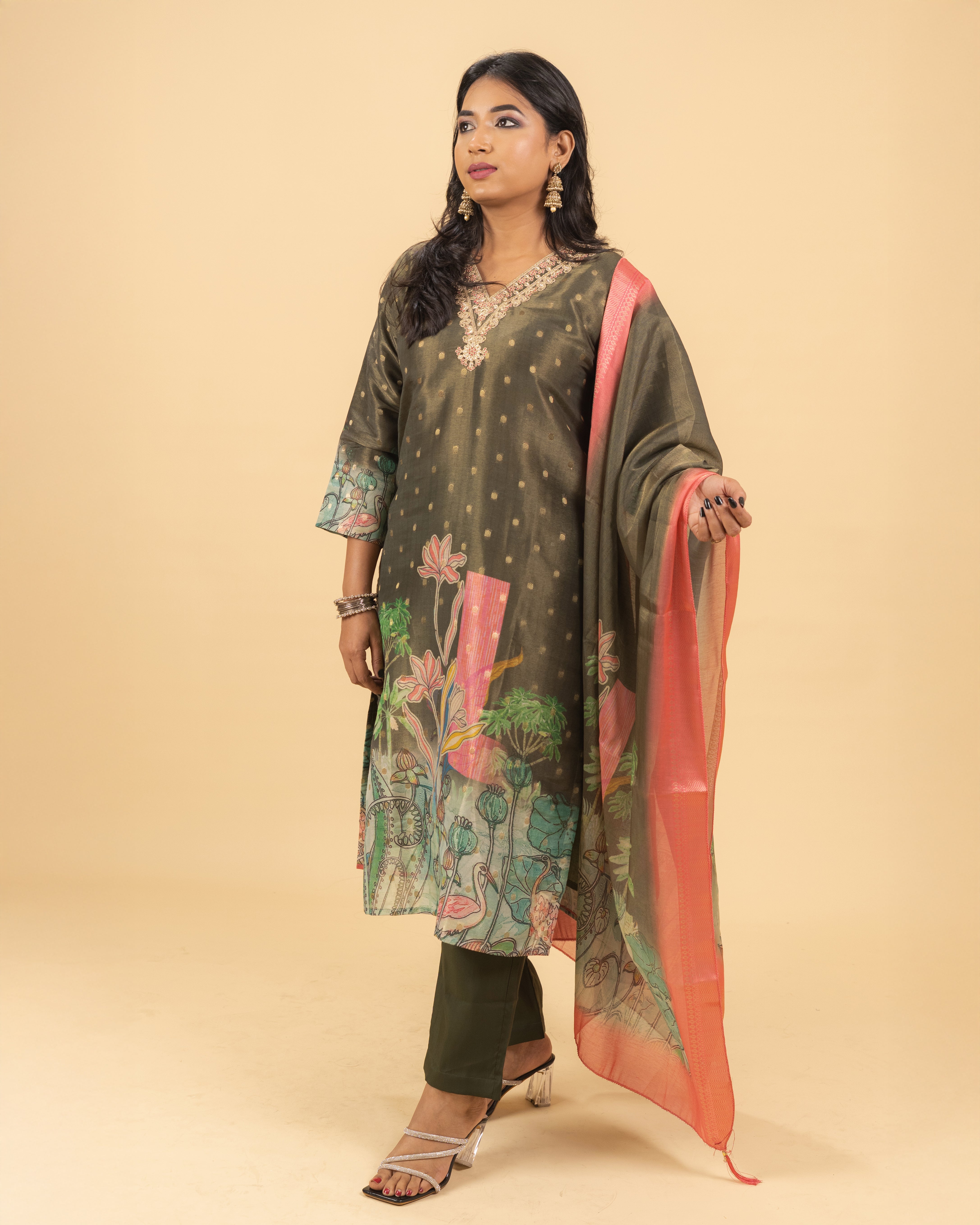 Olive Green Botanical Printed Kurta Set