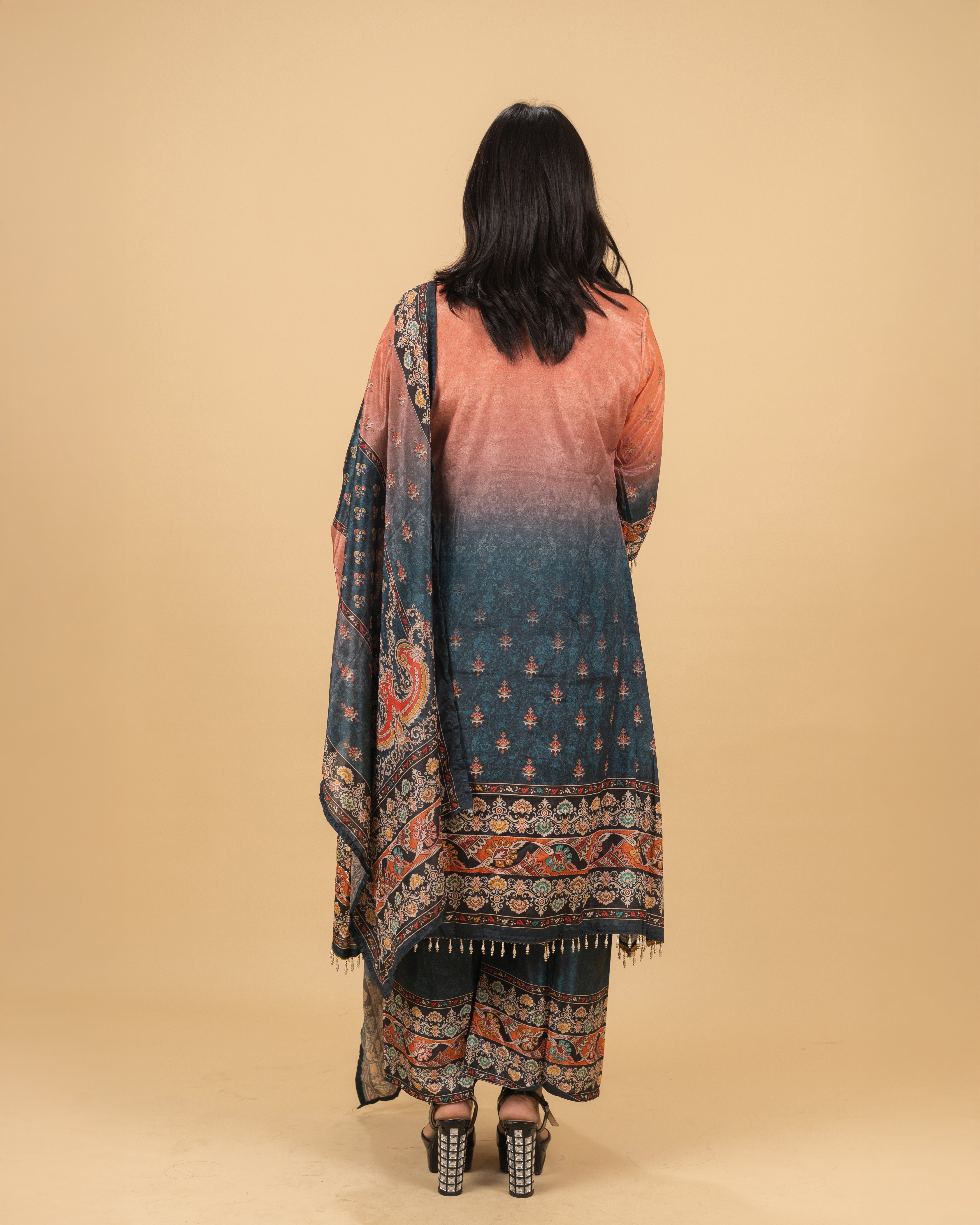 Peach & Navy Digital Print Kurta Set