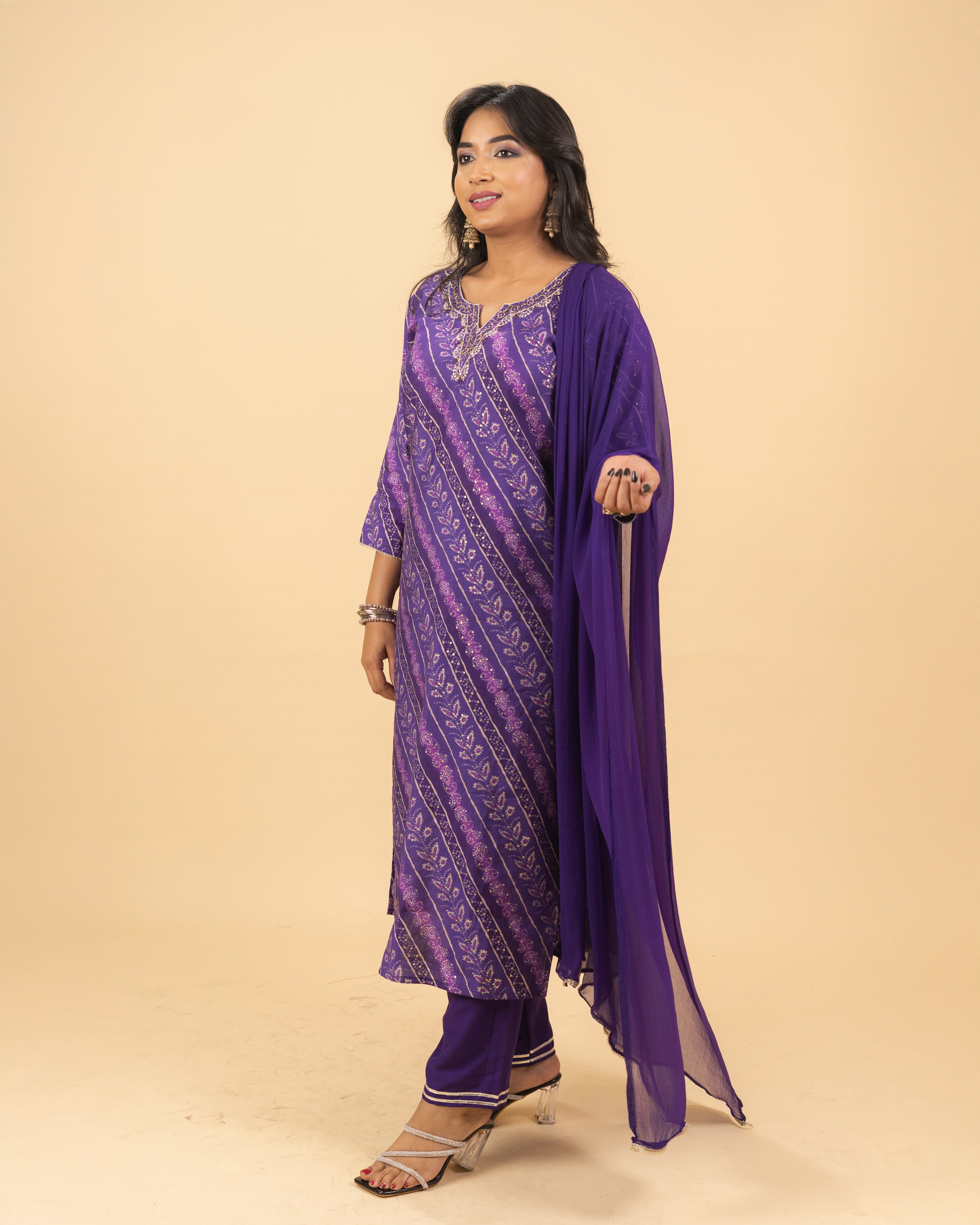 Royal Purple Printed Kurta Set with Chiffon Dupatta