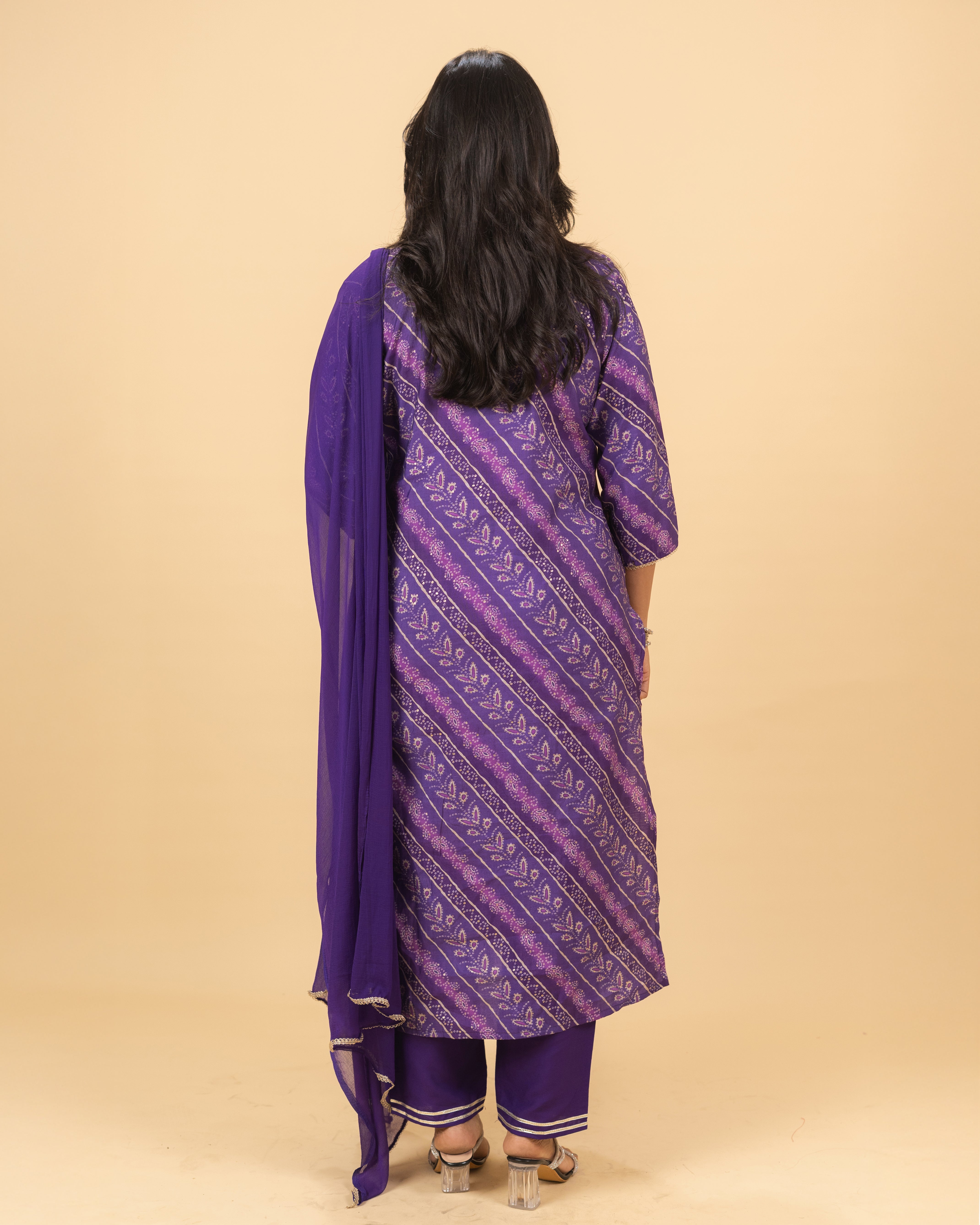 Royal Purple Printed Kurta Set with Chiffon Dupatta