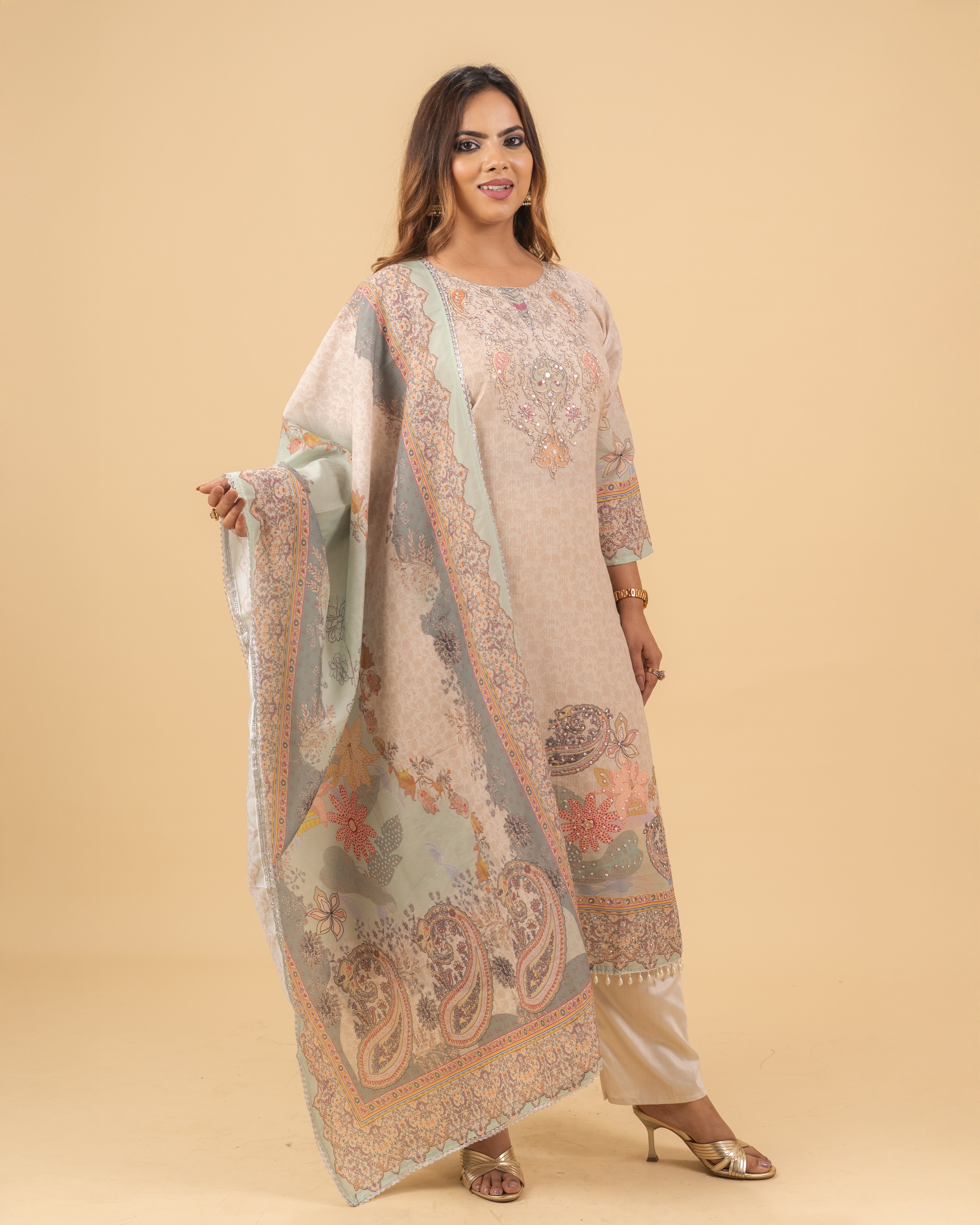 Soft Pastel Peach–Grey Printed Kurta Set with Dupatta