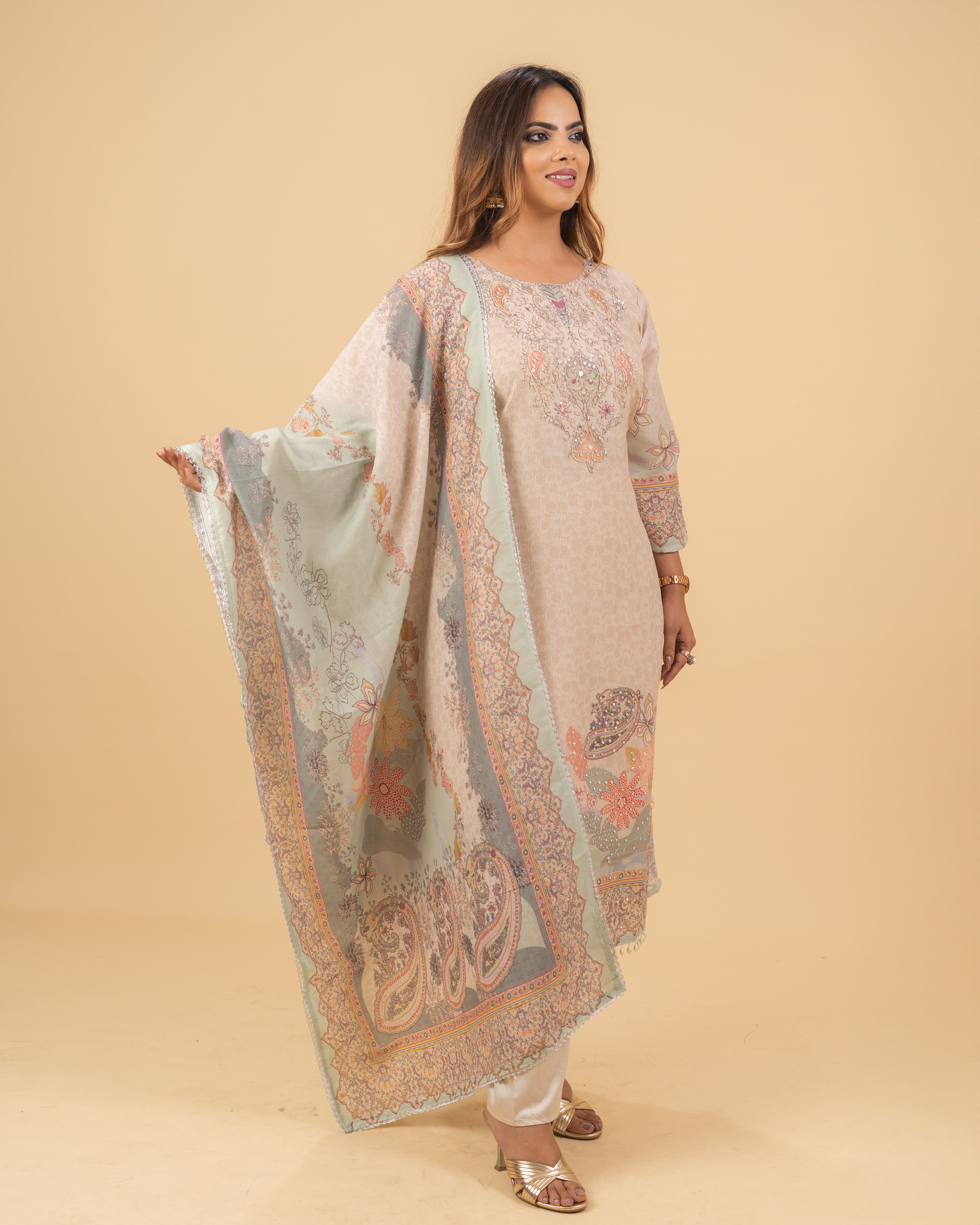 Soft Pastel Peach–Grey Printed Kurta Set with Dupatta