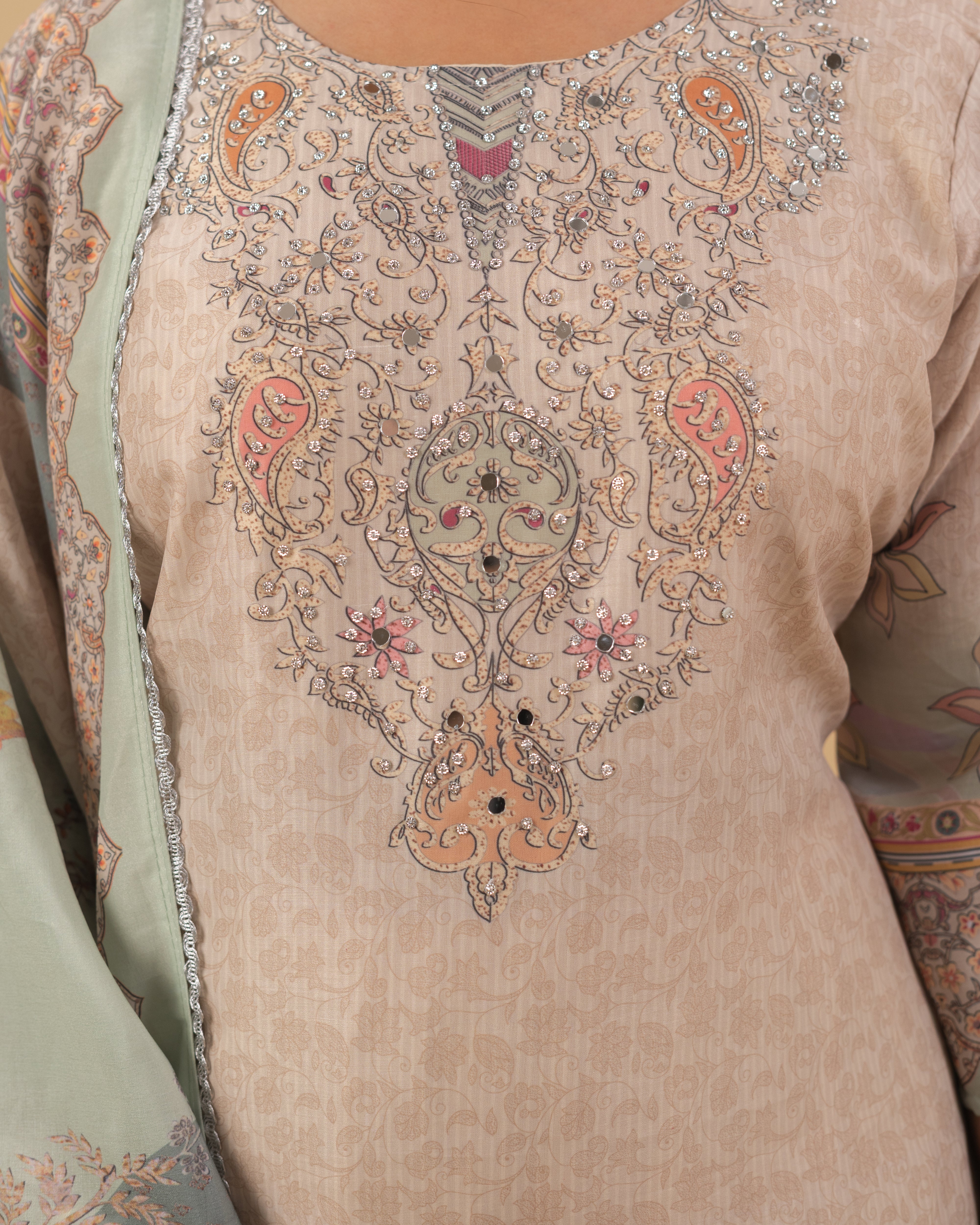 Soft Pastel Peach–Grey Printed Kurta Set with Dupatta