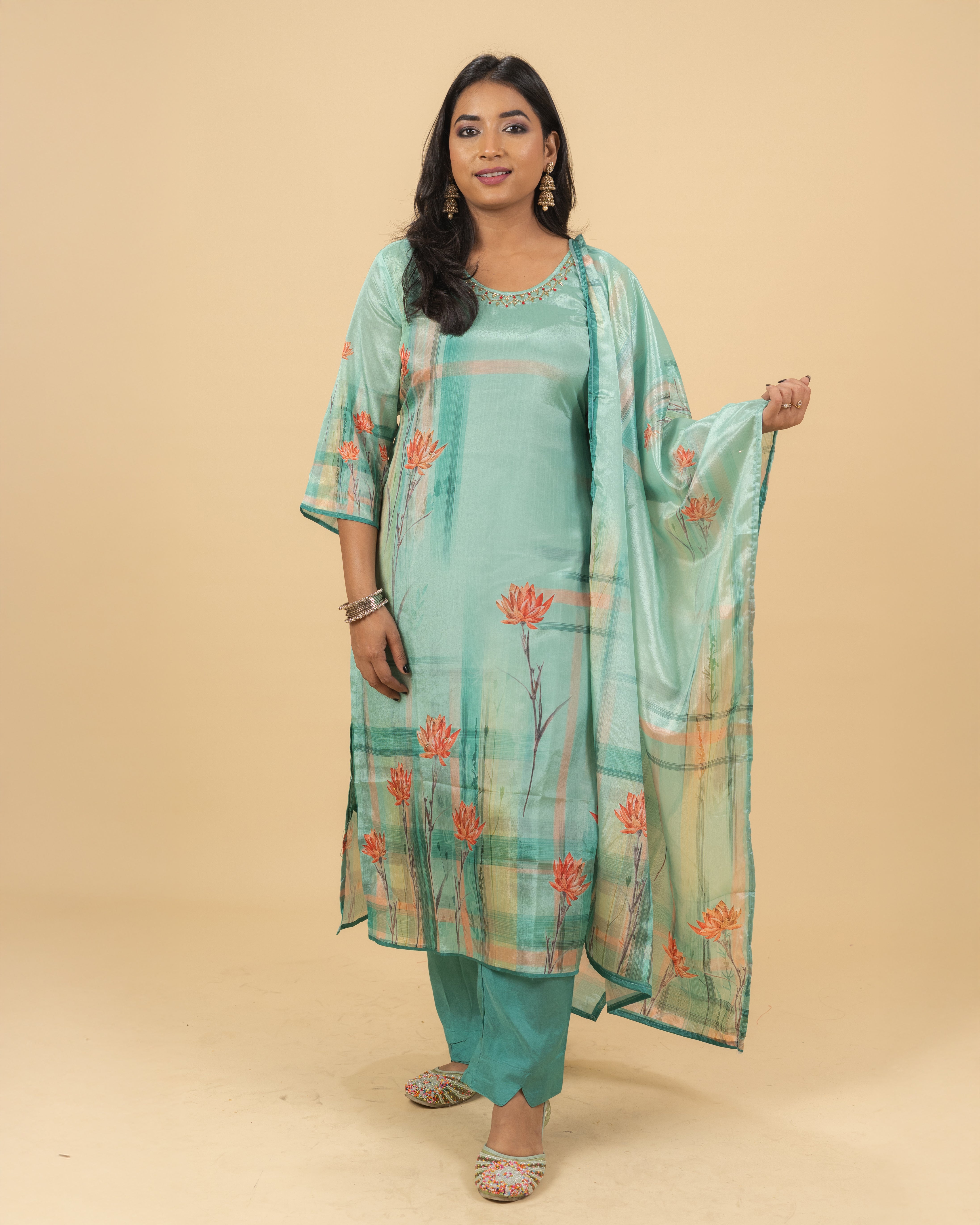 Aqua Floral Printed Kurta Set with Dupatta
