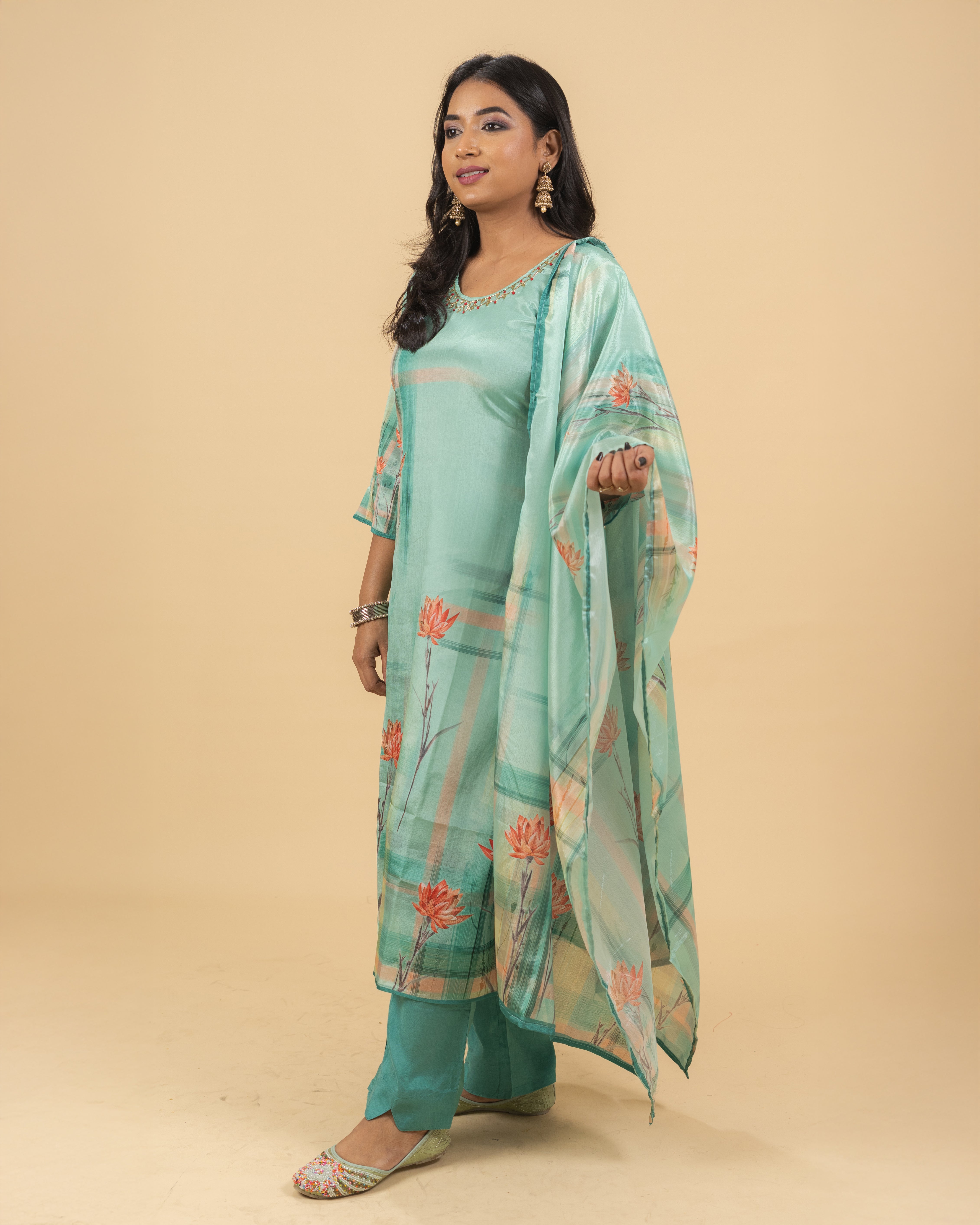 Aqua Floral Printed Kurta Set with Dupatta